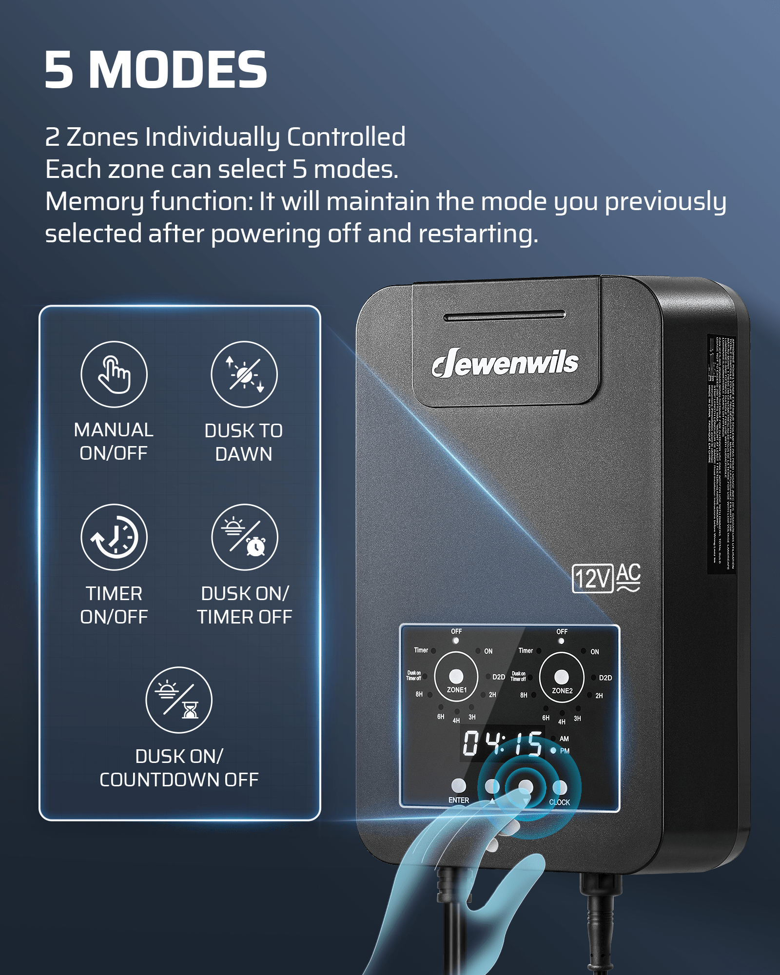 DEWENWILS 200W Low Voltage Transformer offers 5 modes with 2-zone independent control and memory function to retain your selected mode after power off.