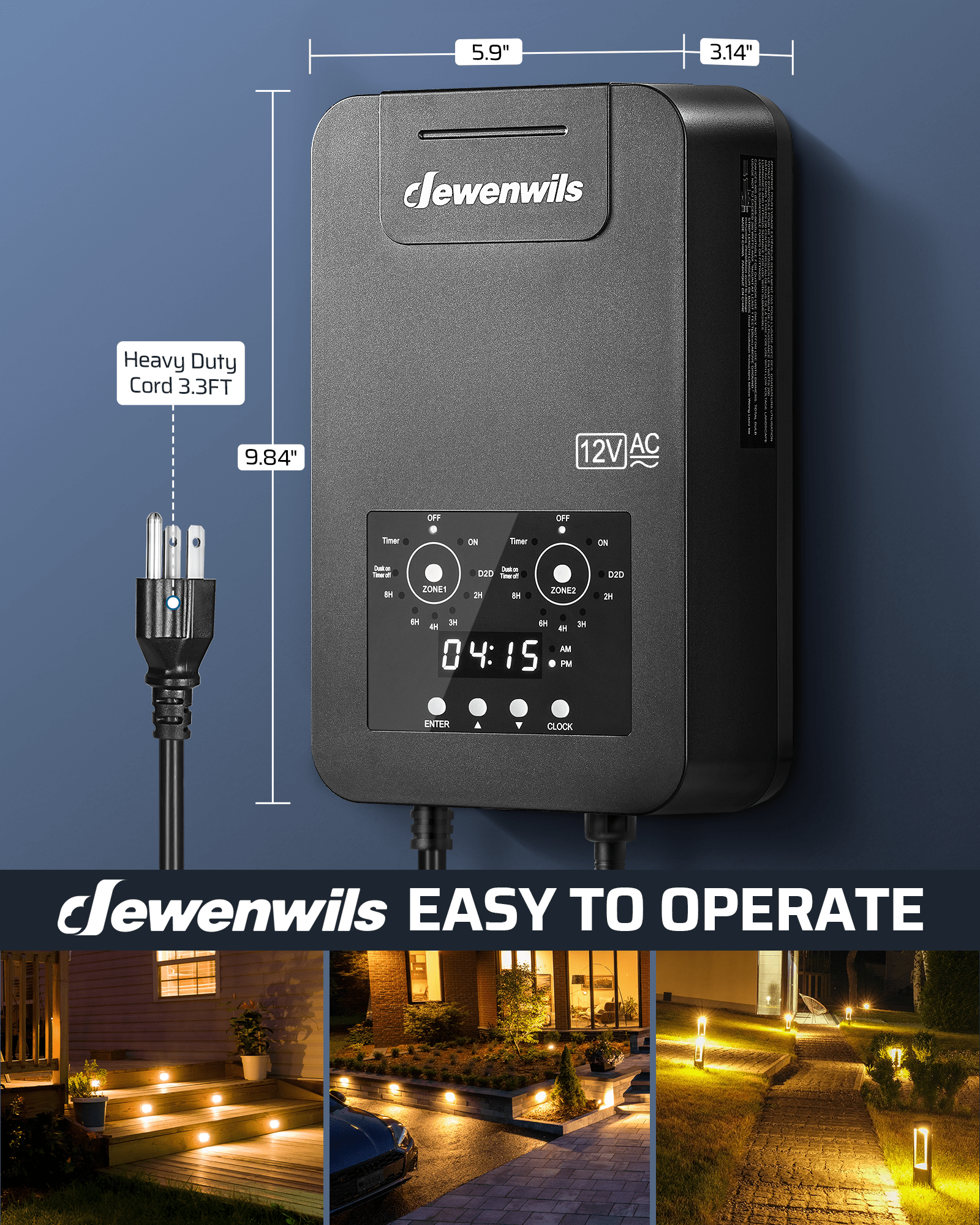 DEWENWILS 300W Low Voltage Transformer measures 5.9×3.14×9.84 in and comes with a 3.3 ft heavy-duty cord