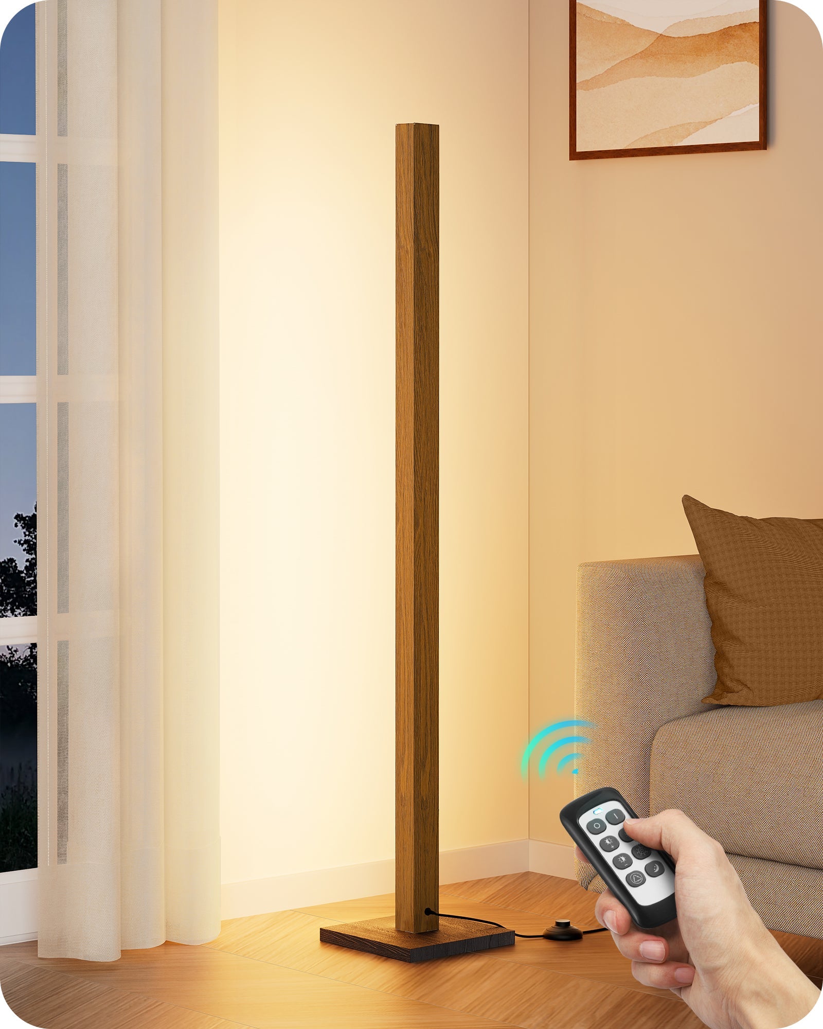 Minimalist Wooden LED Corner Floor Lamp with Remote & Stepless Dimming