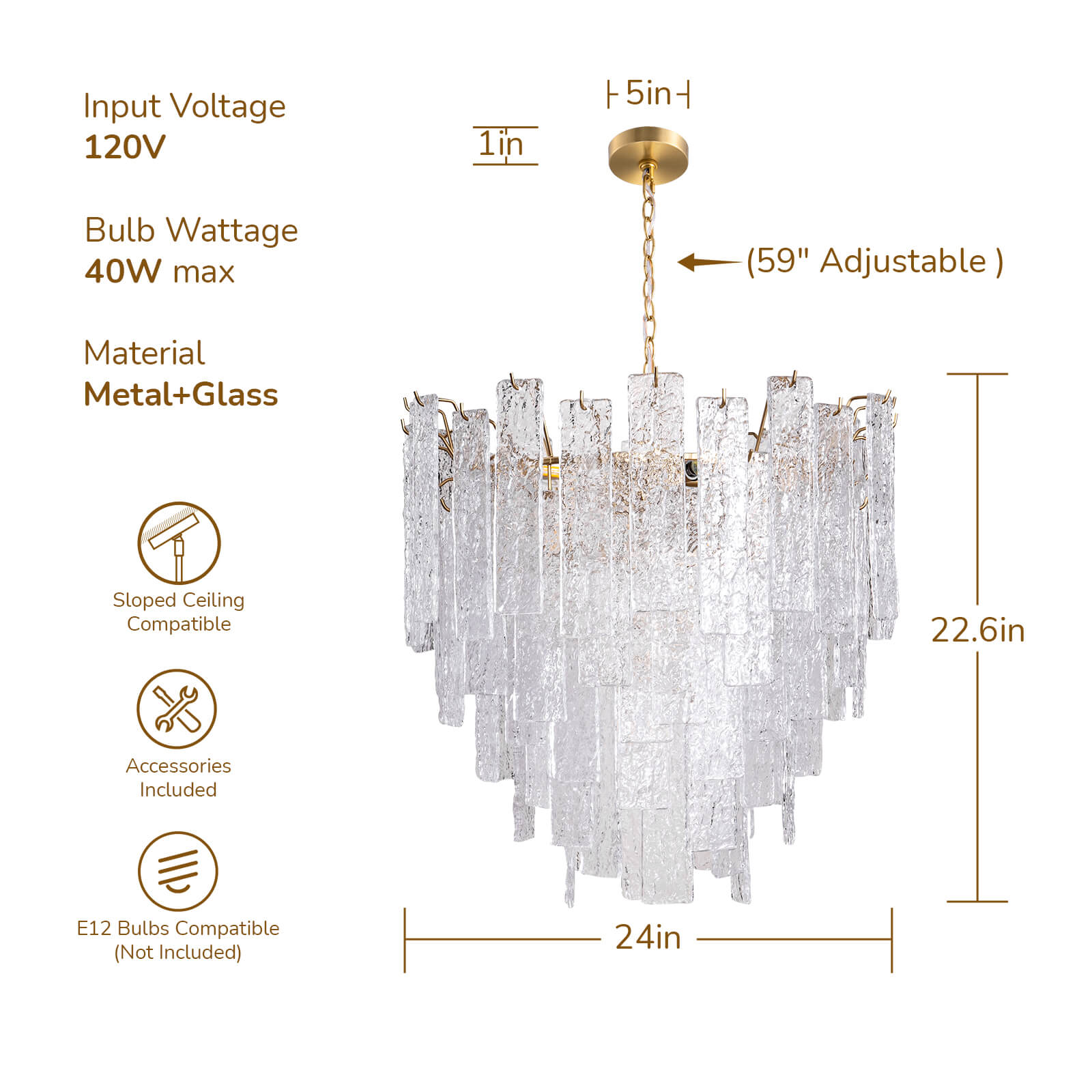 9-Light 5-Tier Clear Ripple Glass Chandelier (24")