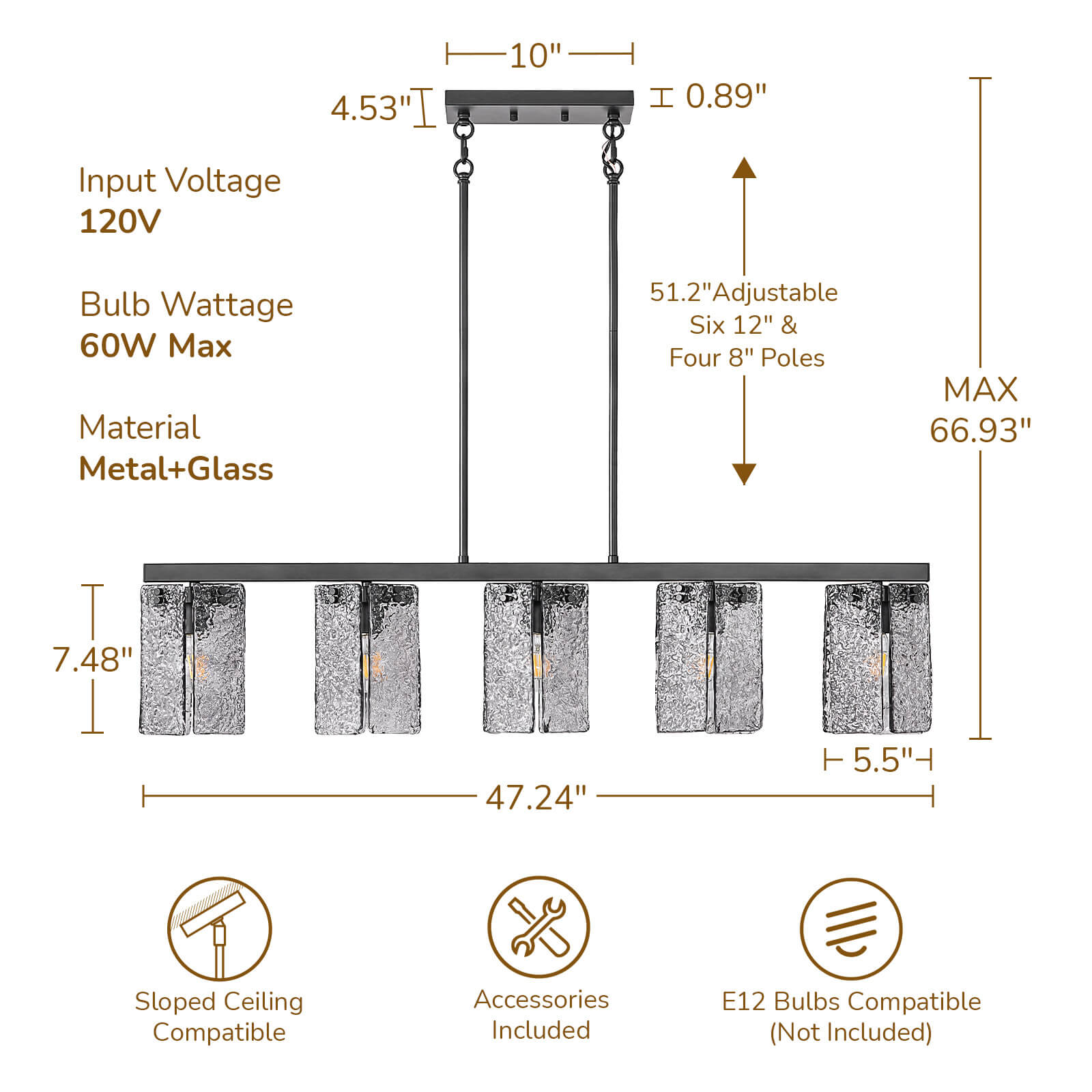 5-Light Modern Handcrafted Glass Linear Chandelier