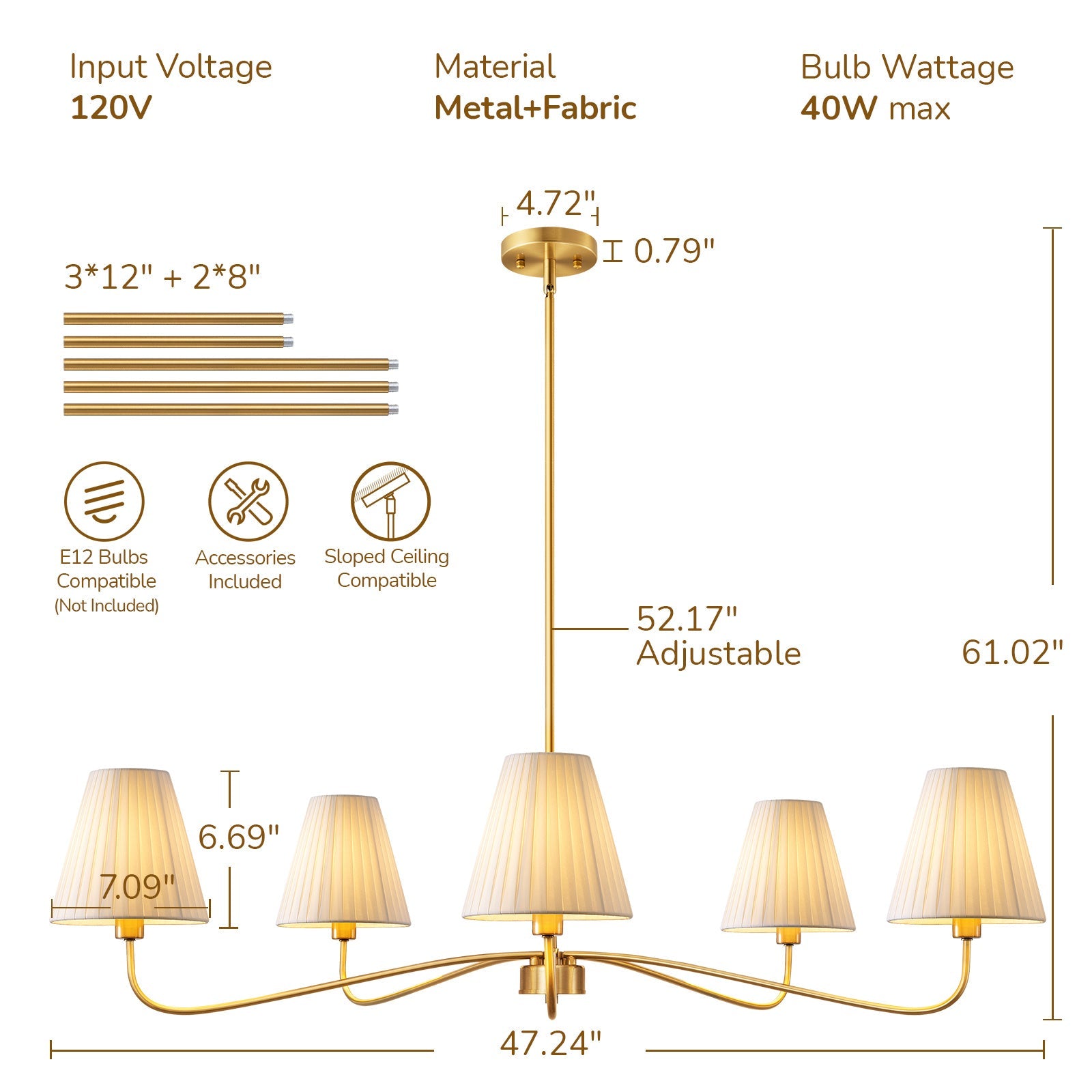 5-Light Chandelier with Folded Fabric Shades (47")