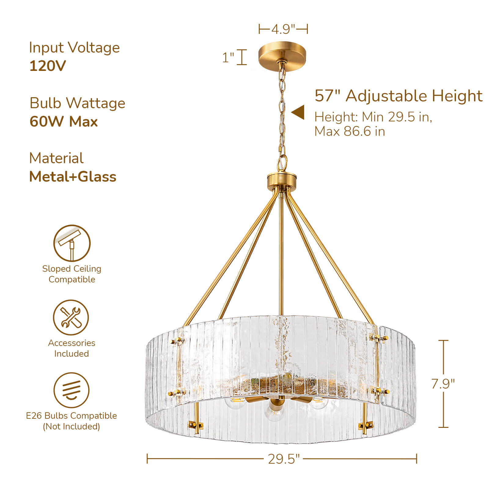 8-Light Clear Ribbed Glass Round Chandelier (30")