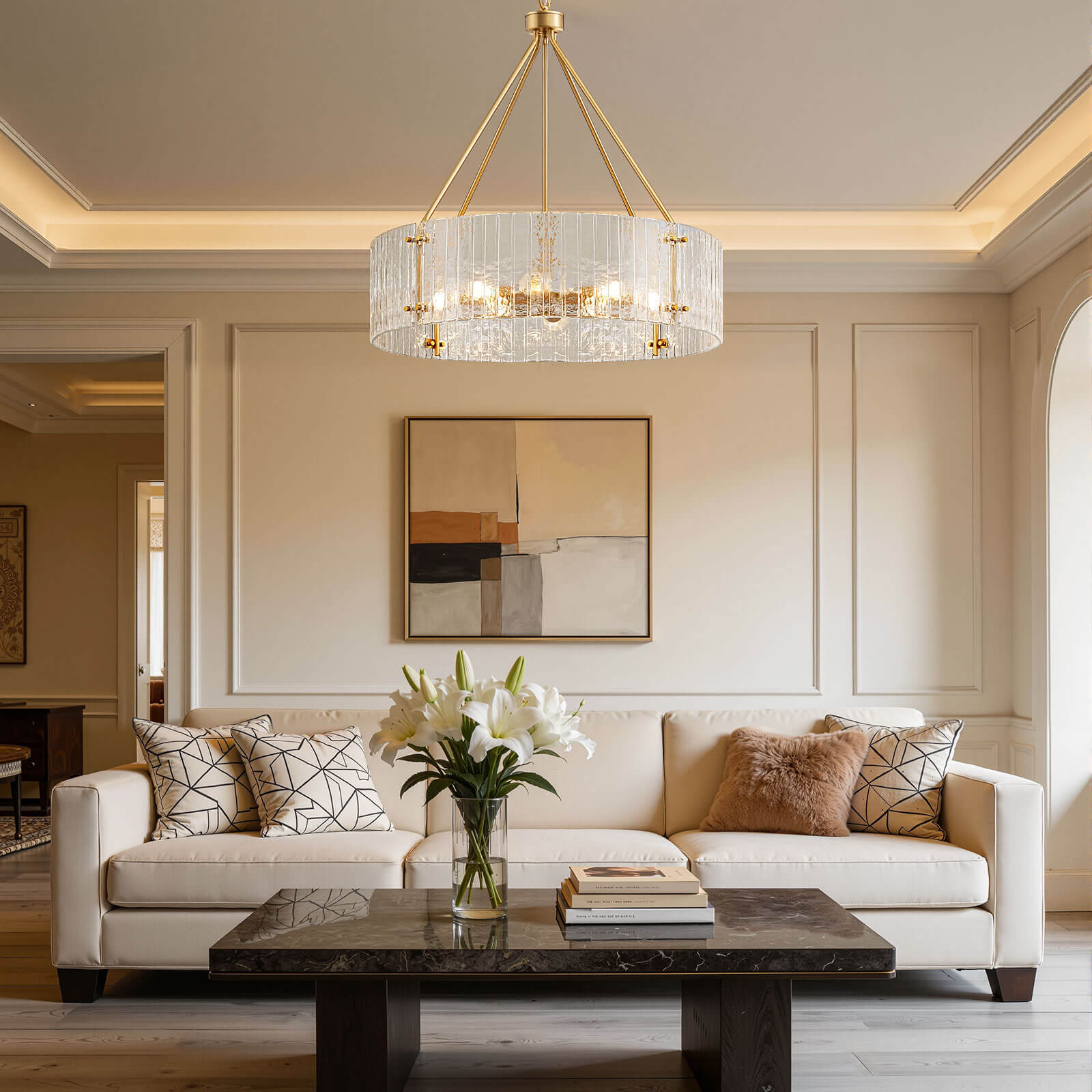 8-Light Clear Ribbed Glass Round Chandelier (30")