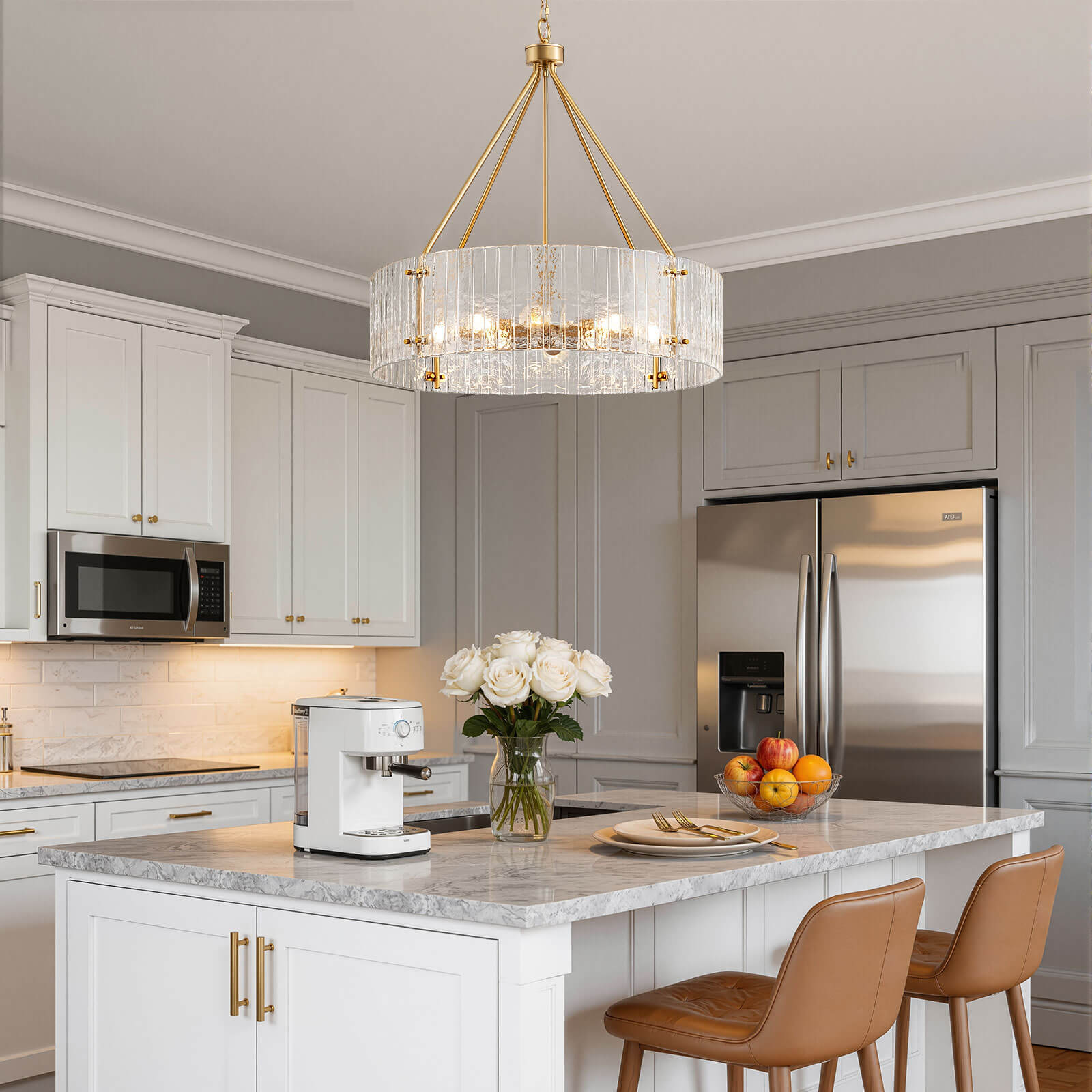 8-Light Clear Ribbed Glass Round Chandelier (30")