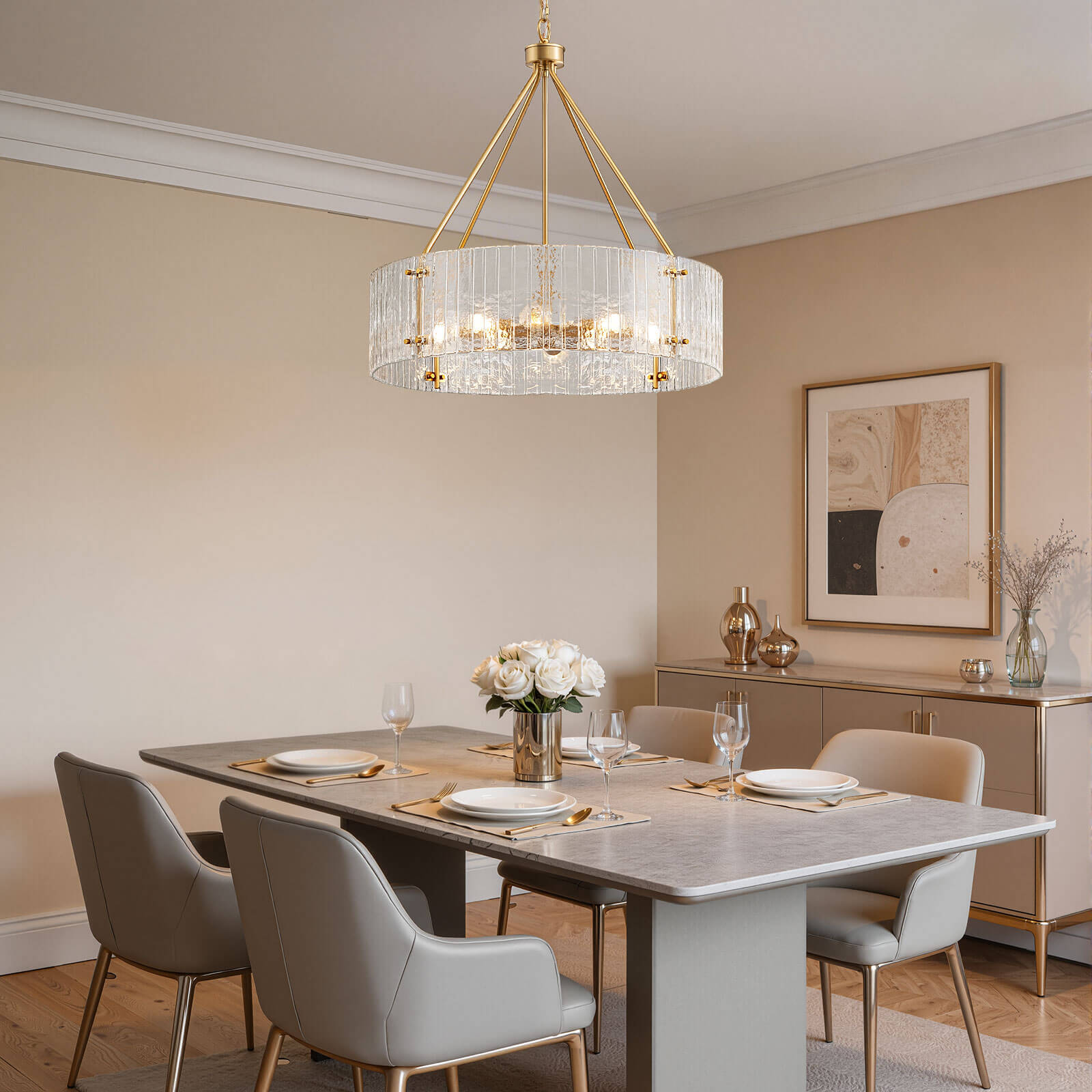 8-Light Clear Ribbed Glass Round Chandelier (30")