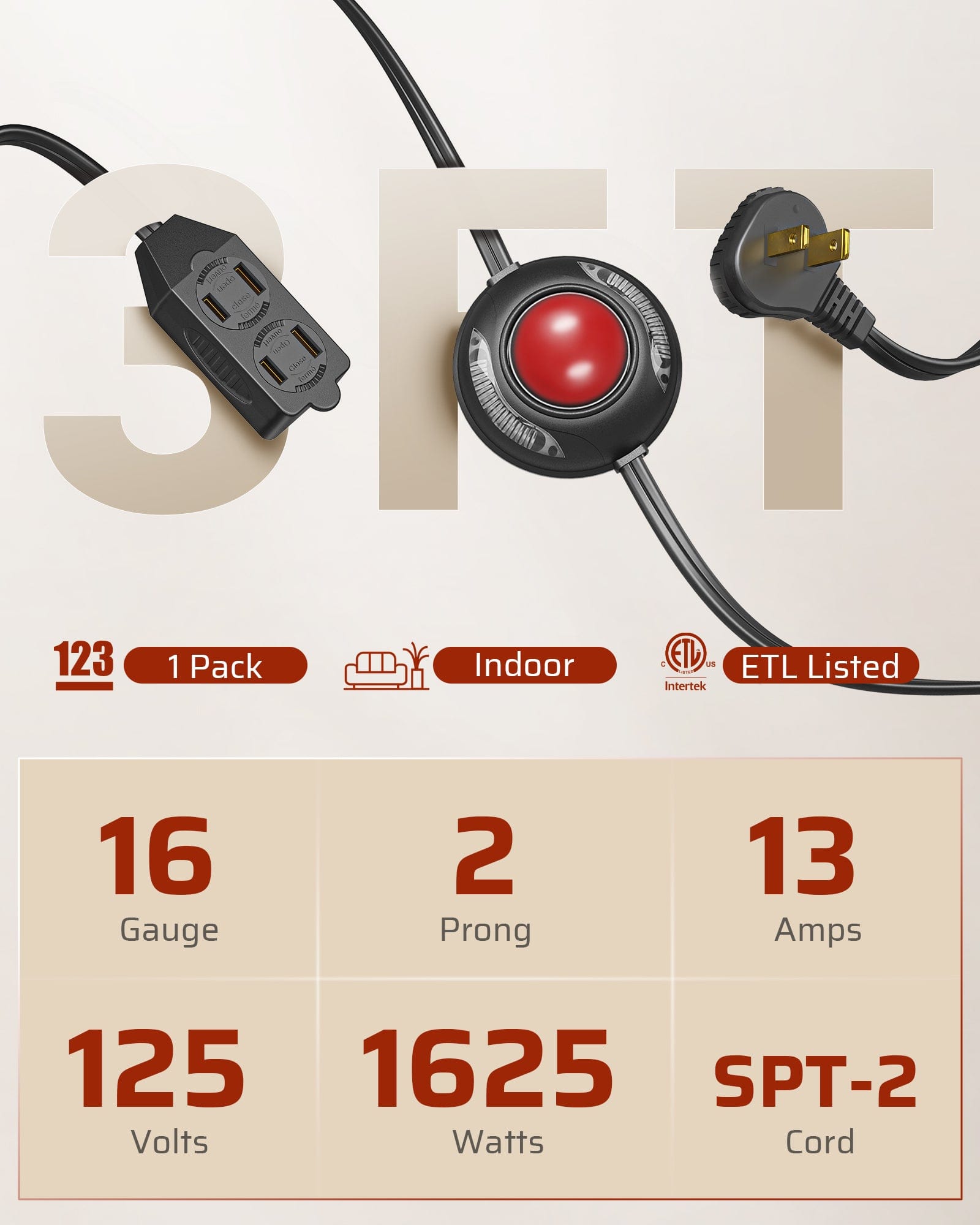 DEWENWILS 12 FT Extension Cord with Multiple Outlets, ON/Off Foot Switch Power Cord, Angled Flat Plug, 2-Prong 3 Outlets, 16/2C-HCFB12A