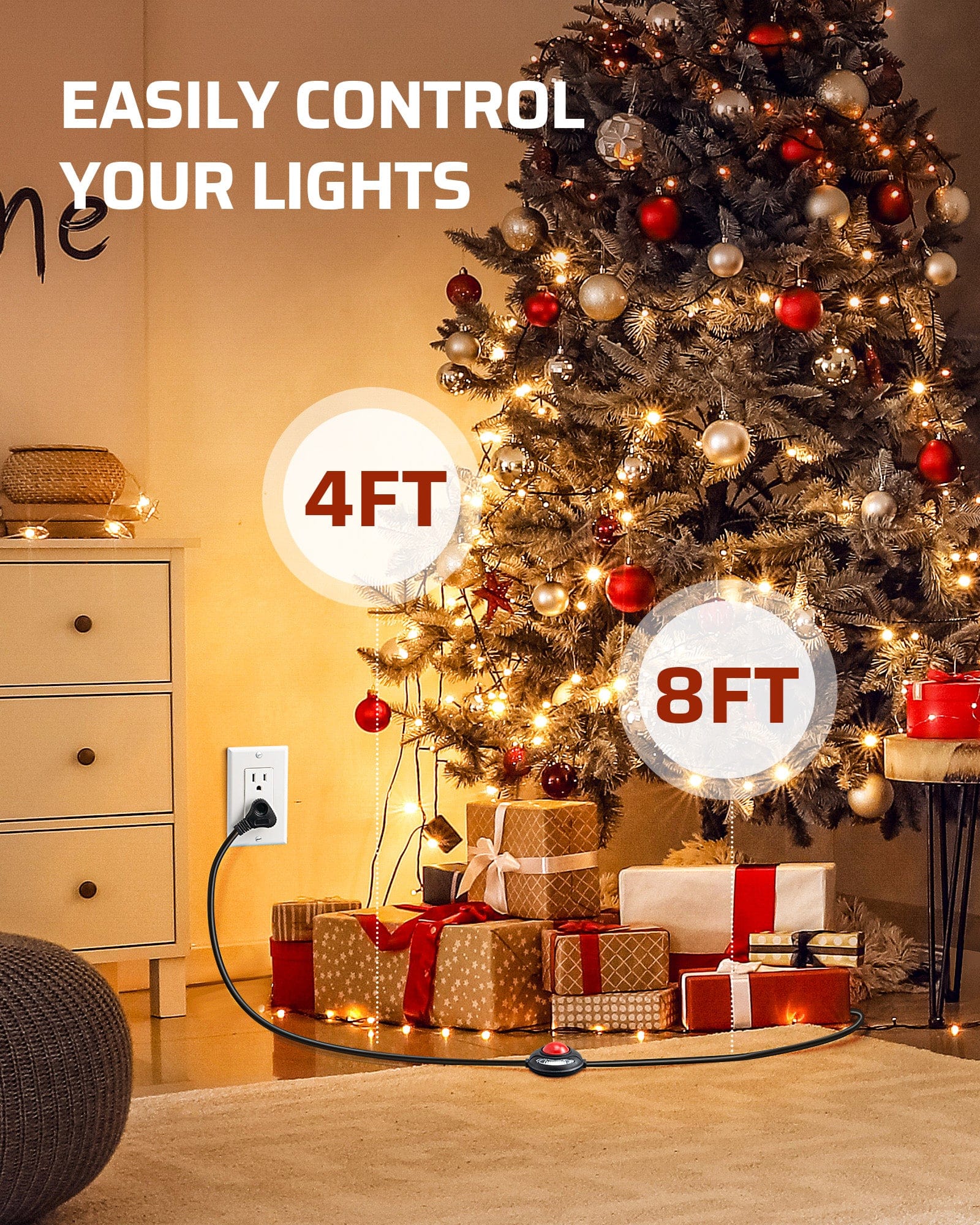 DEWENWILS 12 FT Extension Cord with Multiple Outlets, ON/Off Foot Switch Power Cord, Angled Flat Plug, 2-Prong 3 Outlets, 16/2C-WHCFB12A