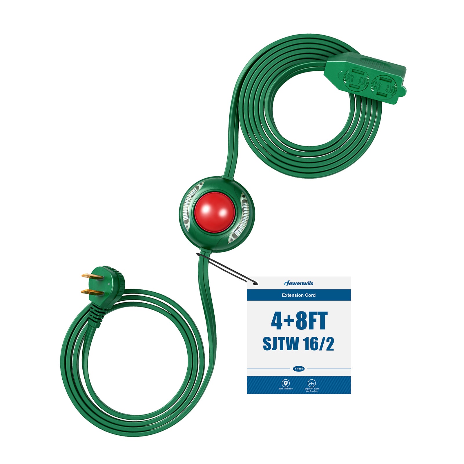 DEWENWILS 12 FT Extension Cord with Multiple Outlets, ON/Off Foot Switch Power Cord, Angled Flat Plug, 2-Prong 3 Outlets, 16/2C-HCFG12B