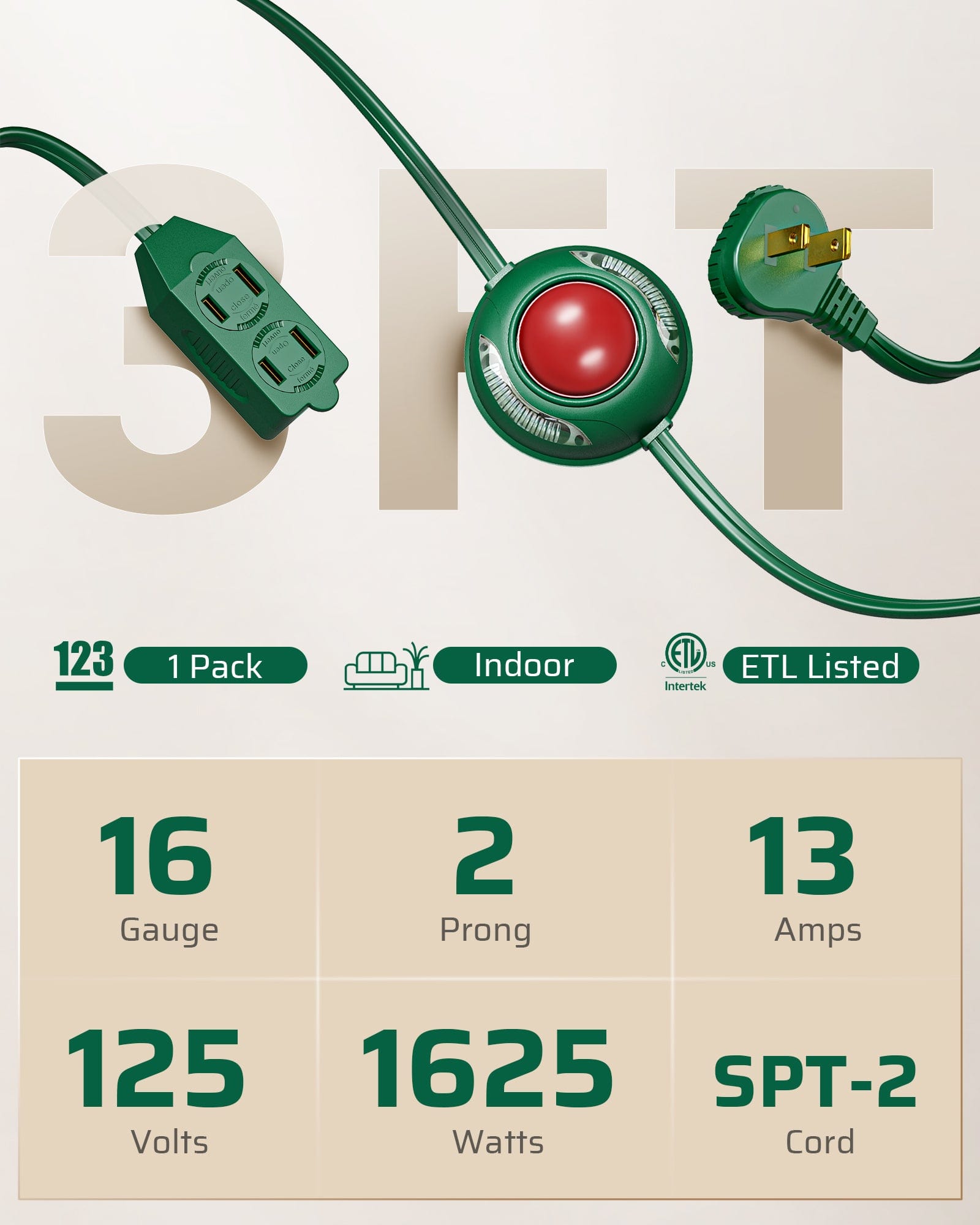 DEWENWILS 12 FT Extension Cord with Multiple Outlets, ON/Off Foot Switch Power Cord, Angled Flat Plug, 2-Prong 3 Outlets, 16/2C-HCFG12B