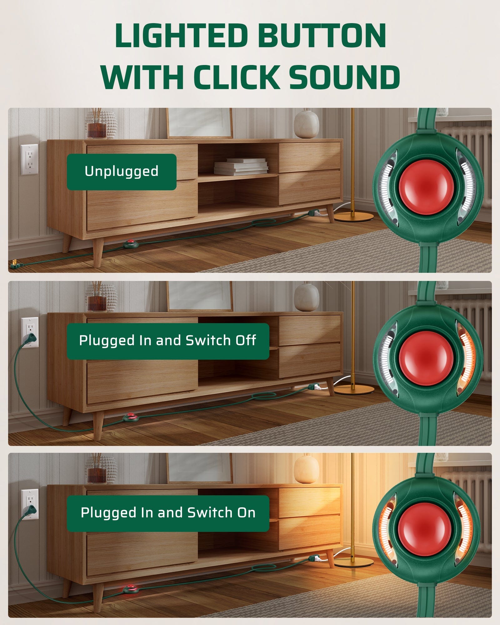 DEWENWILS 12 FT Extension Cord with Multiple Outlets, ON/Off Foot Switch Power Cord, Angled Flat Plug, 2-Prong 3 Outlets, 16/2C-HCFG12B
