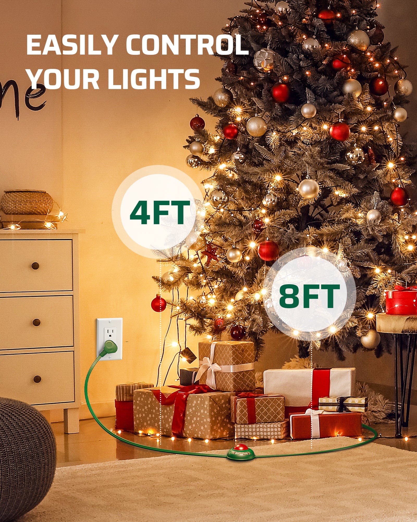 DEWENWILS 12 FT Extension Cord with Multiple Outlets, ON/Off Foot Switch Power Cord, Angled Flat Plug, 2-Prong 3 Outlets, 16/2C-HCFG12B