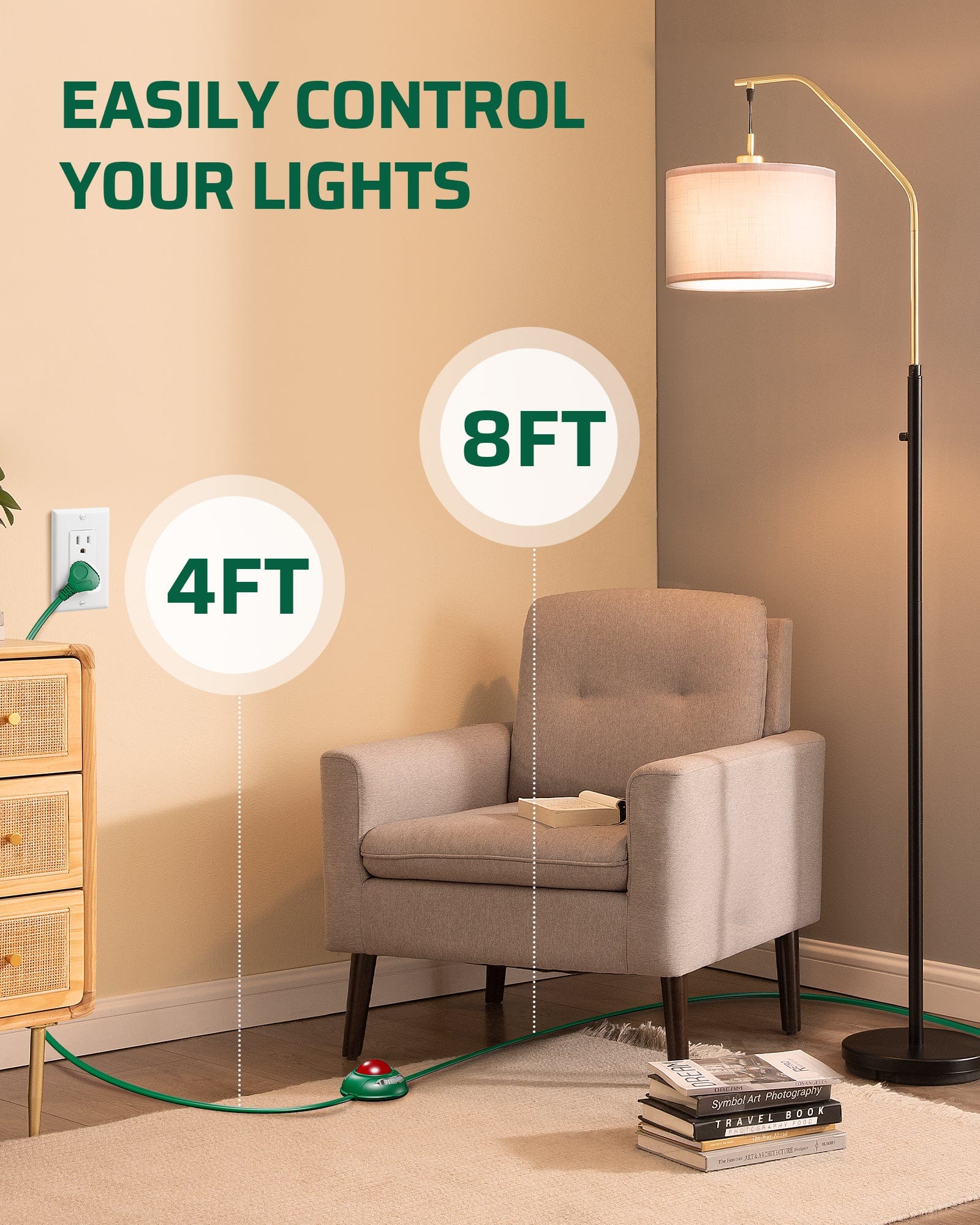 DEWENWILS 12 FT Extension Cord with Multiple Outlets, ON/Off Foot Switch Power Cord, Angled Flat Plug, 2-Prong 3 Outlets, 16/2C-HCFG12B