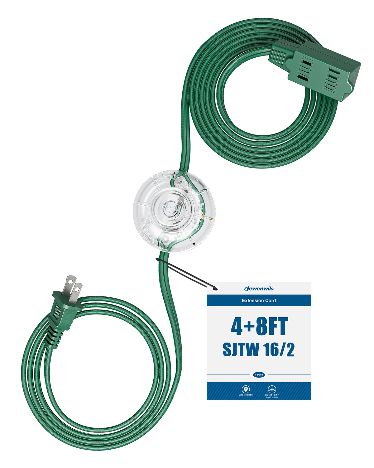 DEWENWILS 12 FT Extension Cord with Foot Switch, 2-Prong 3 Outlets, 16AWG/2C for Indoor Use, 13A/1625W Extension Cord Splitter with Lights, White