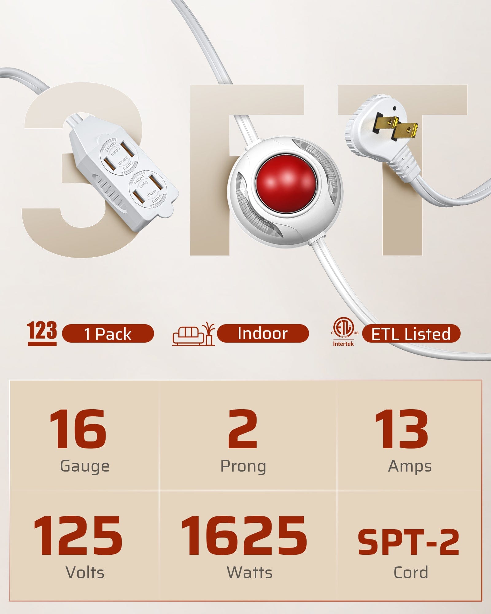 DEWENWILS 12 FT Light Extension Cord with ON/Off Switch for Lights, Step on Foot Switch Power Cord, Angled Flat Plug, 2-Prong 3 Outlets, 16/2C-HCFW12A