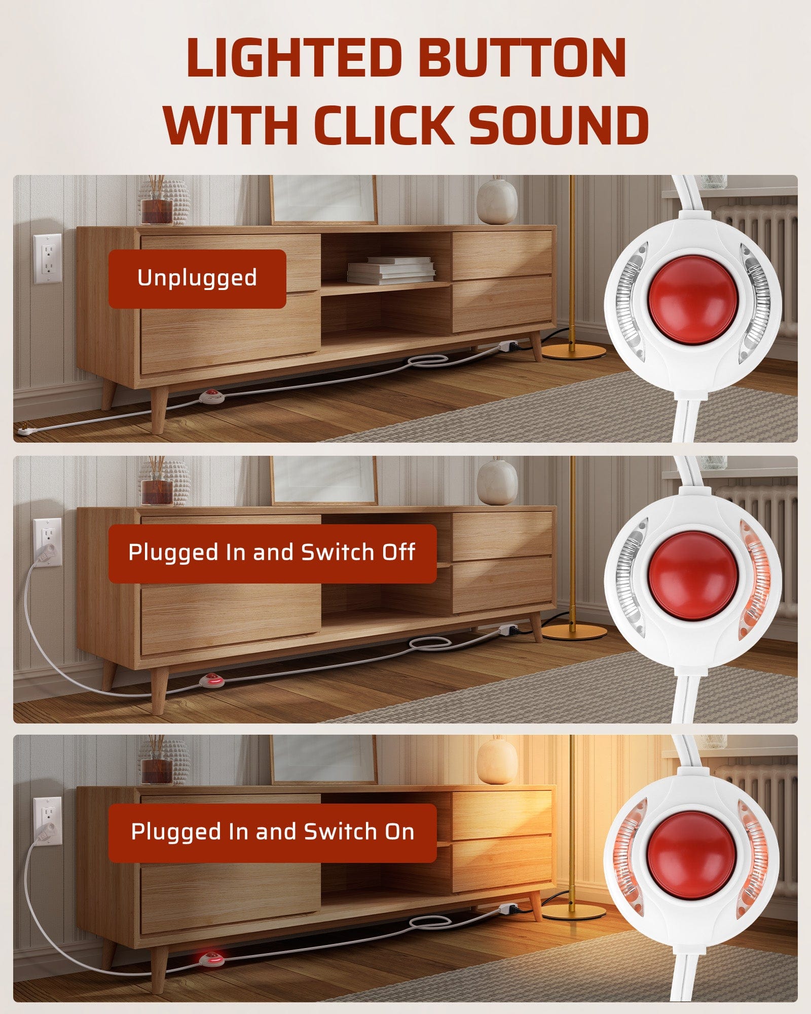 DEWENWILS 12 FT Light Extension Cord with ON/Off Switch for Lights, Step on Foot Switch Power Cord, Angled Flat Plug, 2-Prong 3 Outlets, 16/2C-WHCFW12A