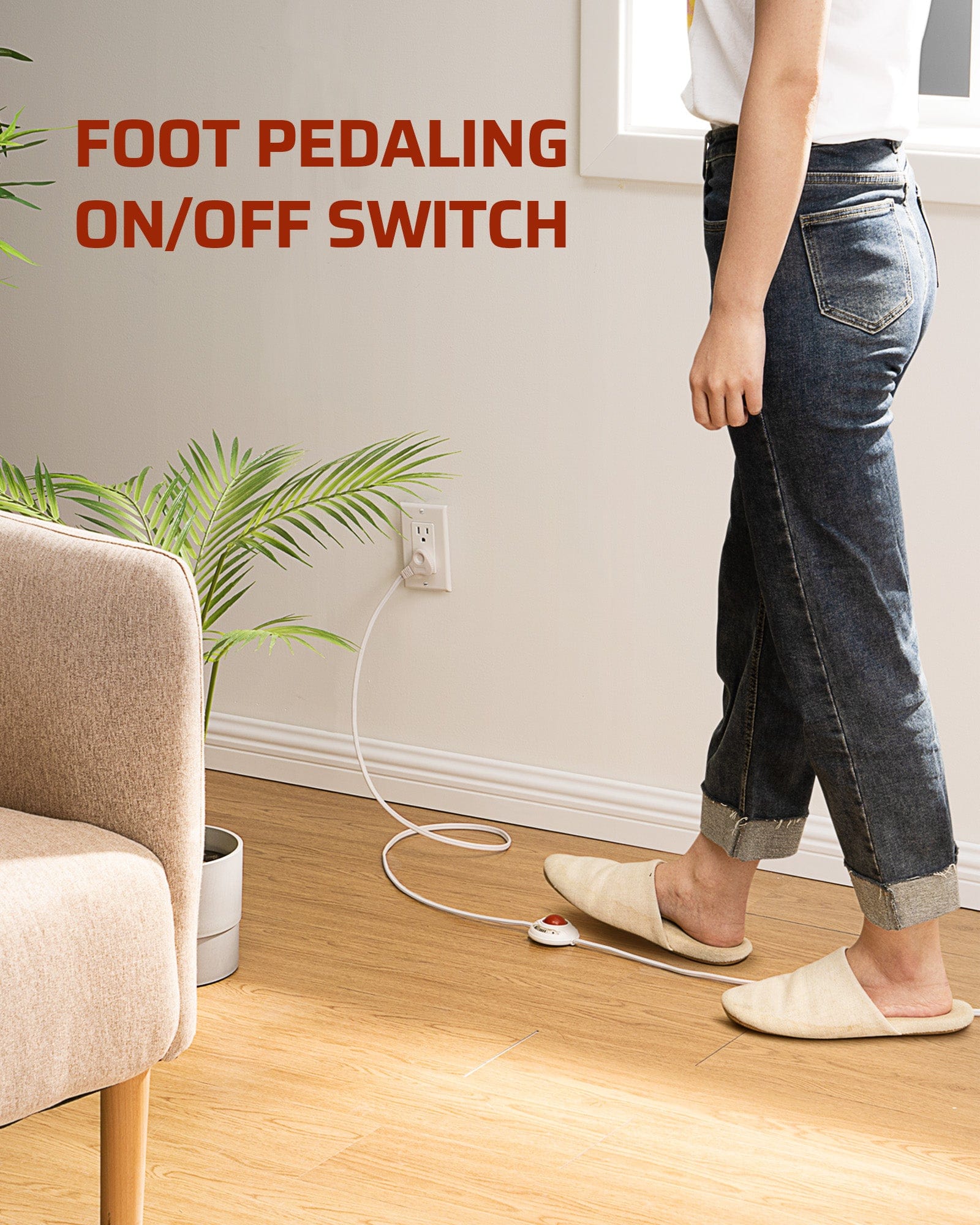 DEWENWILS 12 FT Light Extension Cord with ON/Off Switch for Lights, Step on Foot Switch Power Cord, Angled Flat Plug, 2-Prong 3 Outlets, 16/2C-WHCFW12A