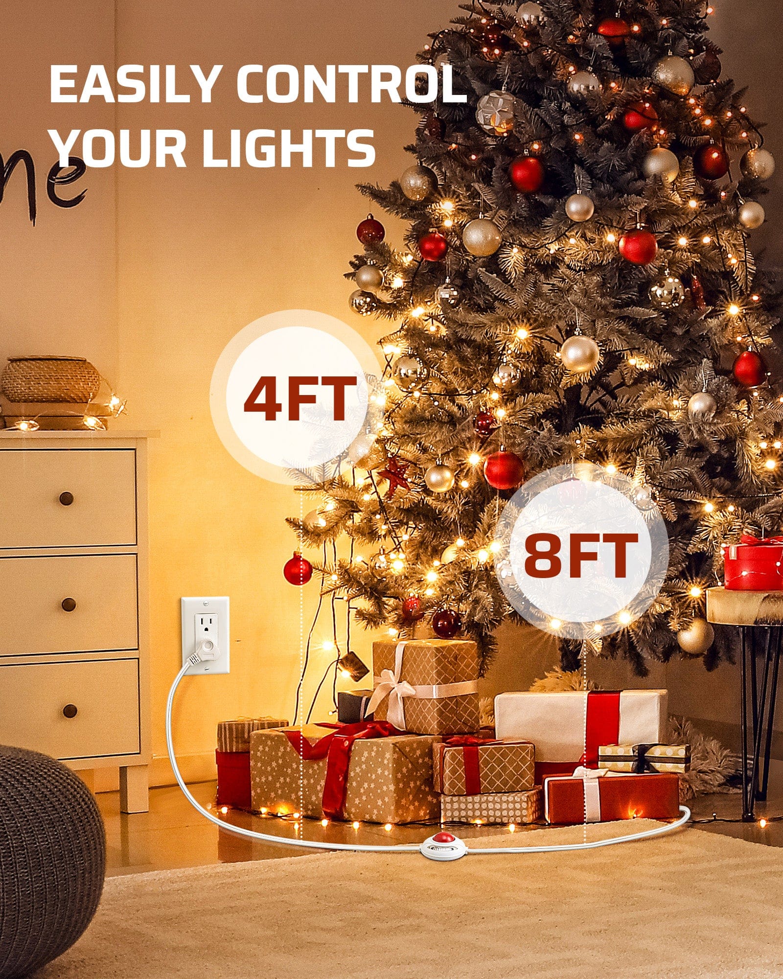 DEWENWILS 12 FT Light Extension Cord with ON/Off Switch for Lights, Step on Foot Switch Power Cord, Angled Flat Plug, 2-Prong 3 Outlets, 16/2C-WHCFW12A