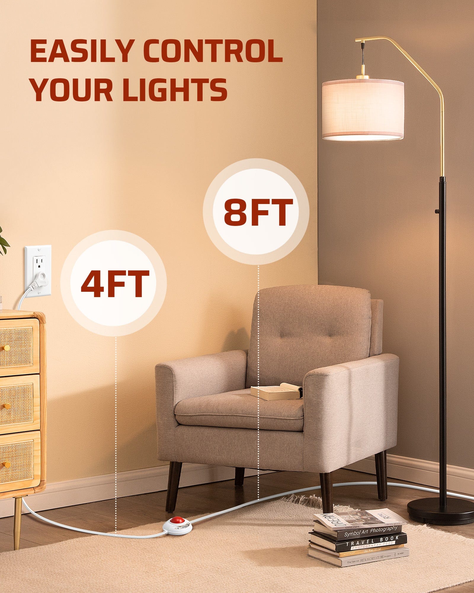 DEWENWILS 12 FT Light Extension Cord with ON/Off Switch for Lights, Step on Foot Switch Power Cord, Angled Flat Plug, 2-Prong 3 Outlets, 16/2C-WHCFW12A