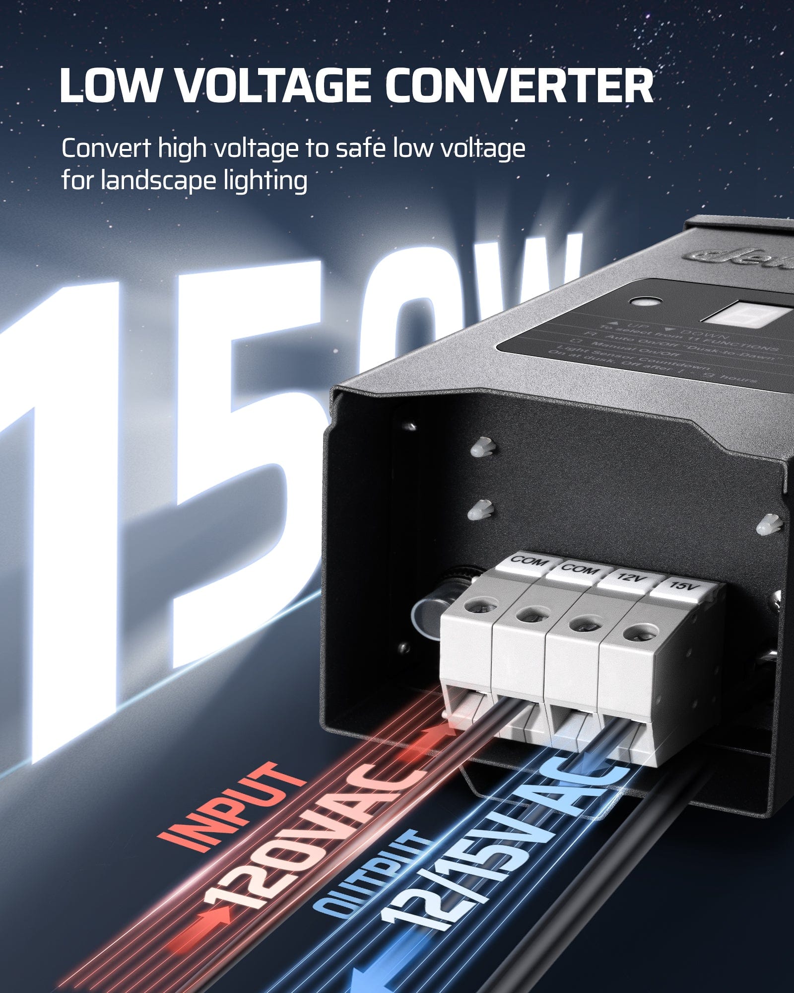 DEWENWILS 150W Low Voltage Transformer safely converts 120V AC to 12/15V AC for reliable outdoor landscape lighting