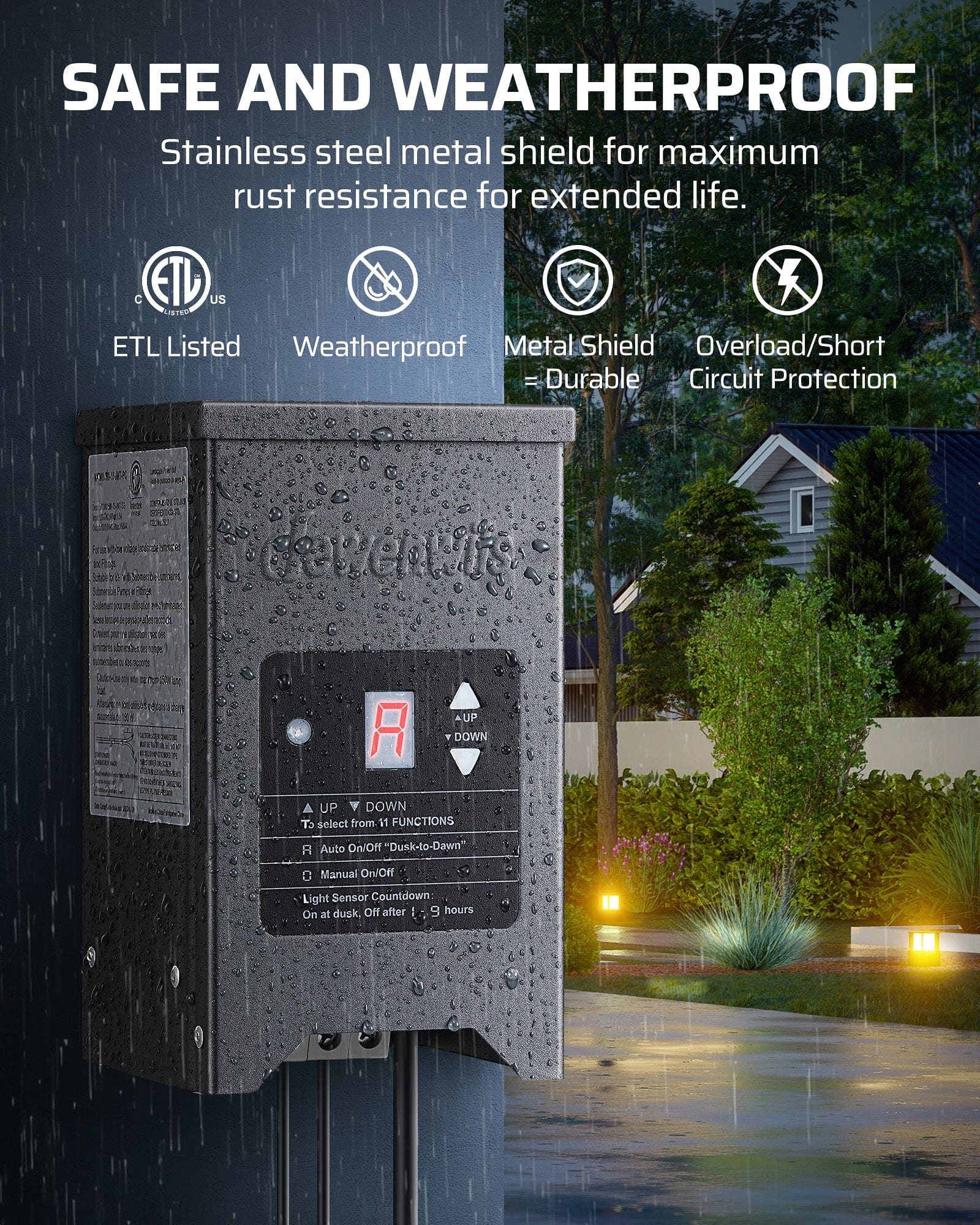 DEWENWILS 150W Low Voltage Transformer features a stainless steel metal shield, ETL listed, weatherproof, and offers overload/short circuit protection for safe and durable outdoor use