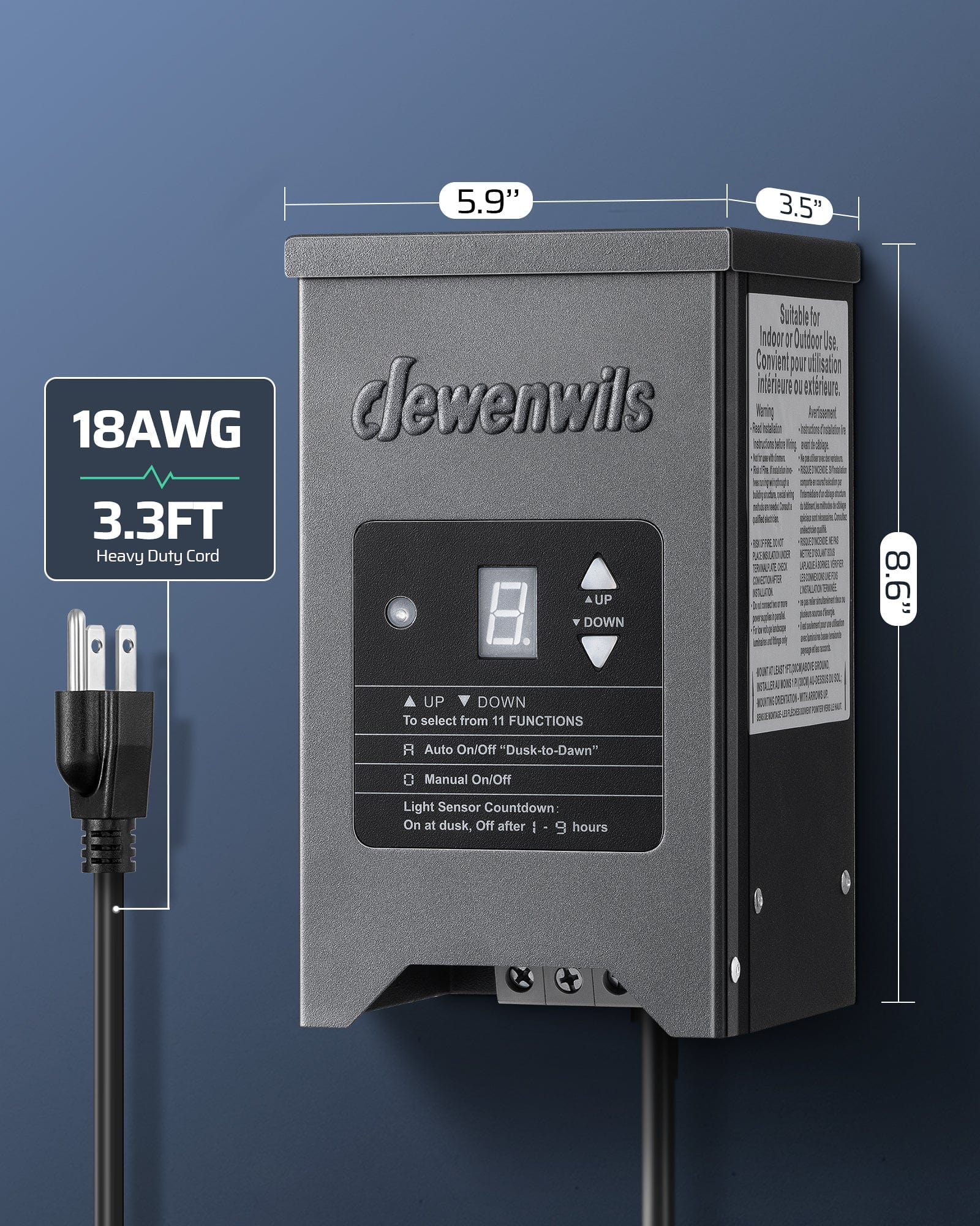 DEWENWILS 150W Low Voltage Transformer, dimensions 5.9in L × 3.5in W × 8.6in H, equipped with 18 AWG 3.3FT heavy duty cord