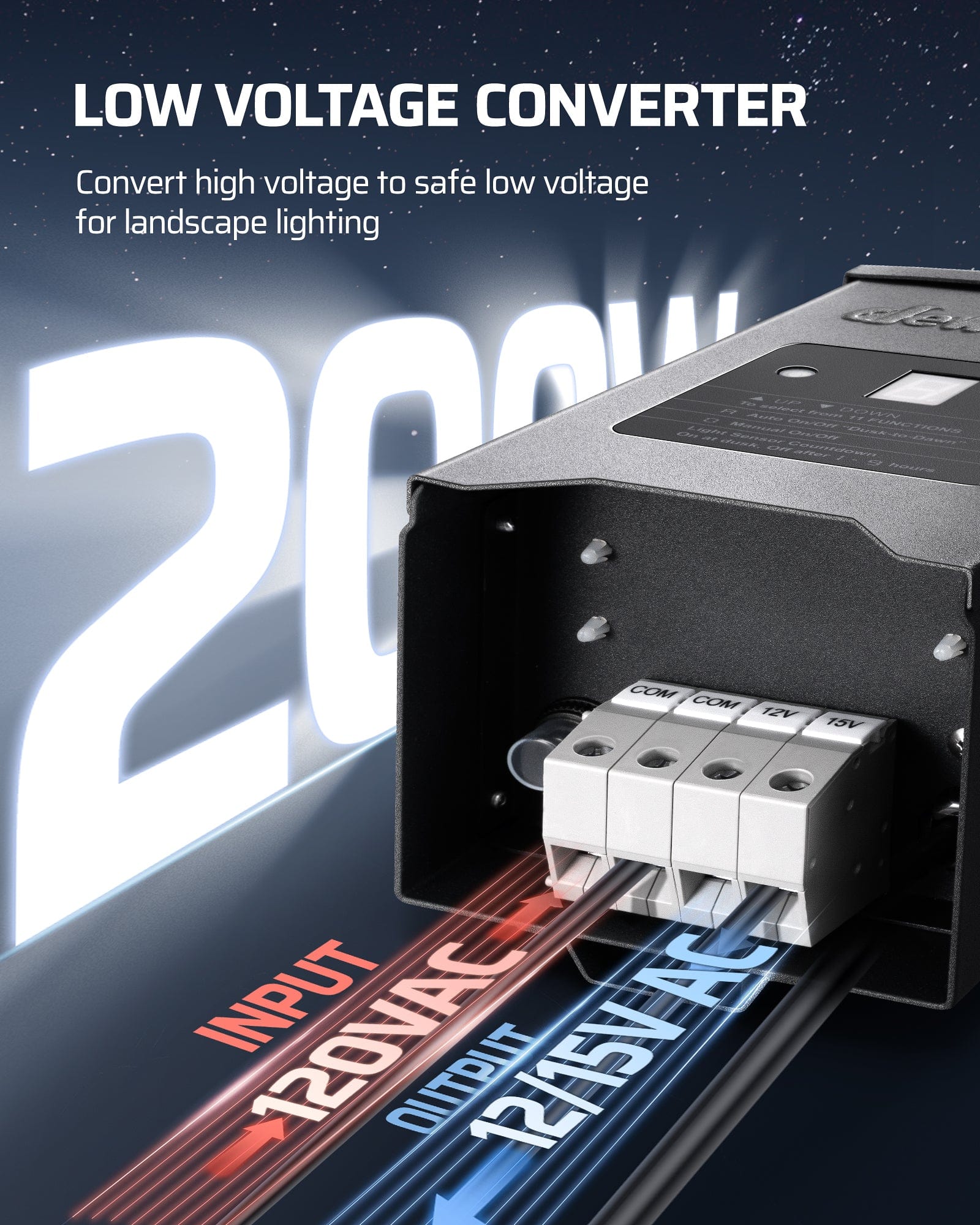 DEWENWILS 200W Low Voltage Transformer converts 120V AC to 12/15V AC