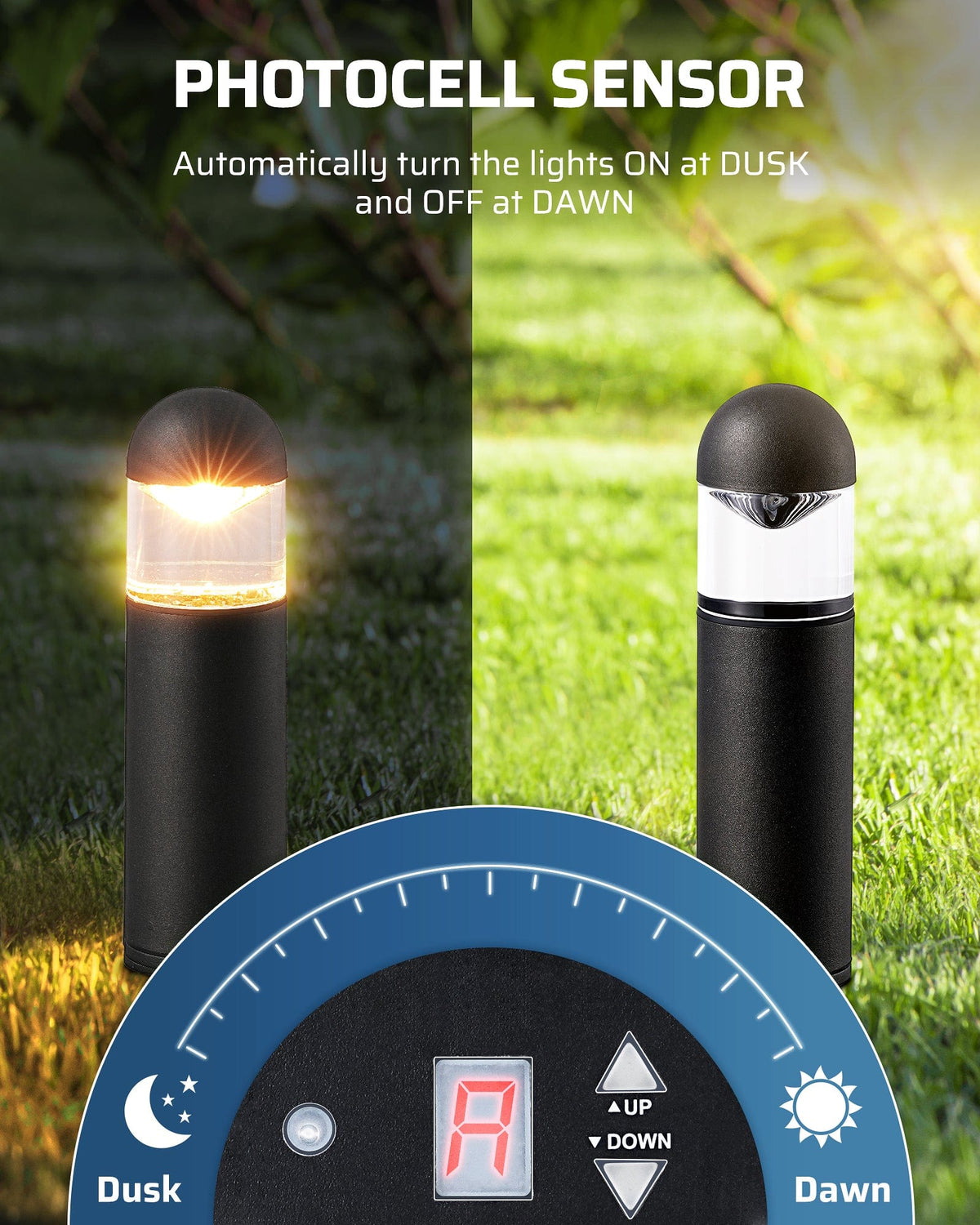 DEWENWILS 200W Low Voltage Transformer with photocell sensor automatically turns landscape lights on at dusk and off at dawn for convenient outdoor lighting.