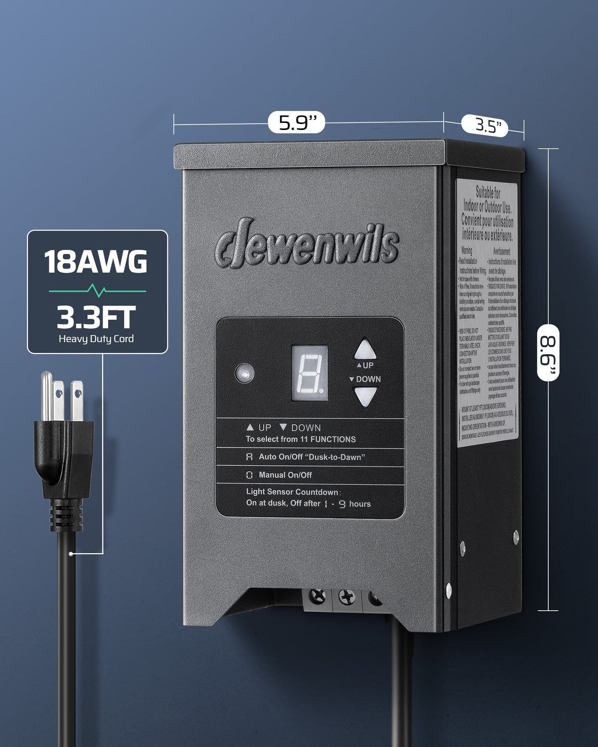 DEWENWILS 200W Low Voltage Transformer features a compact and durable design measuring 5.9 inches in length, 3.5 inches in width, and 8.6 inches in height, and comes equipped with an 18AWG, 3.3-foot heavy-duty power cord