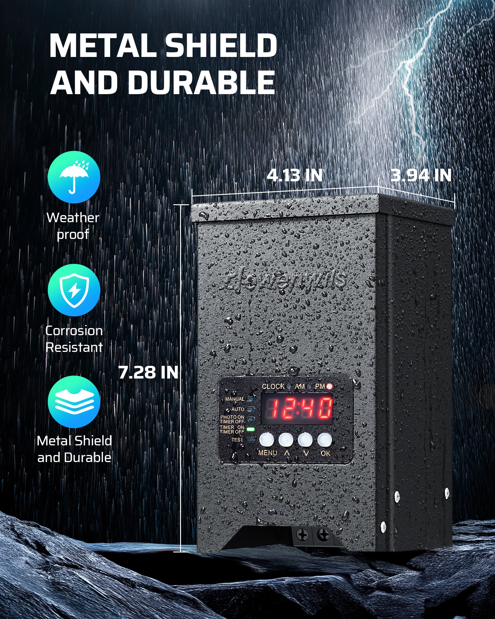 DEWENWILS 200W Low Voltage Transformer Metal Shield Durable Weatherproof Corrosion Resistant Dimensions 4.13 In By 3.94 In By 7.28 In