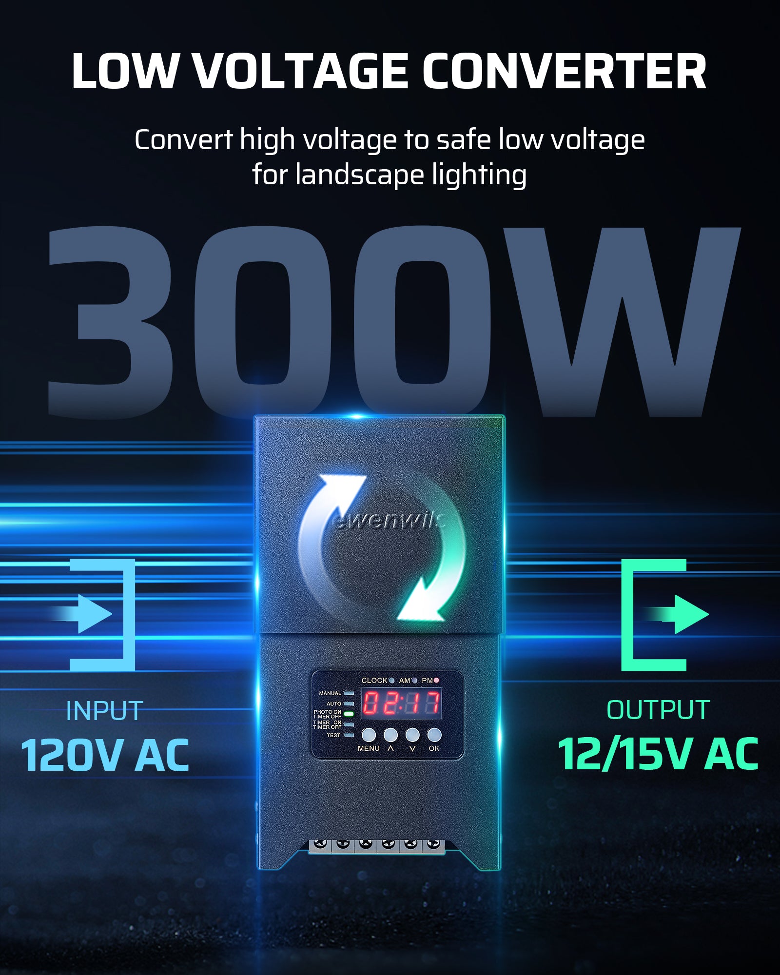 DEWENWILS 300W Low Voltage Transformer Converts 120V AC To Safe 12/15V AC For Landscape Lighting