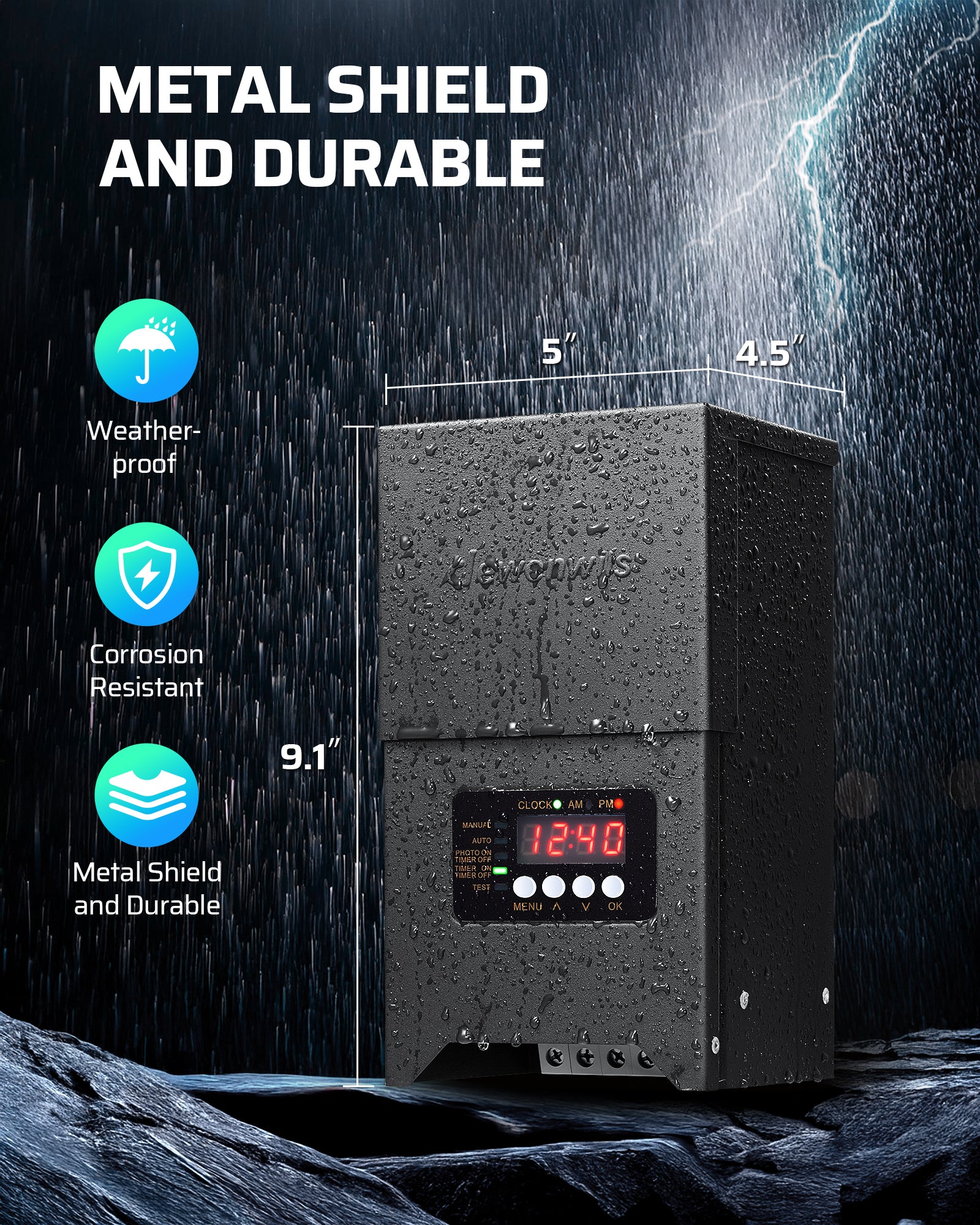 DEWENWILS 300W Low Voltage Transformer Metal Shield Durable Dimensions 5 In Long 4.5 In Wide 9.1 In High