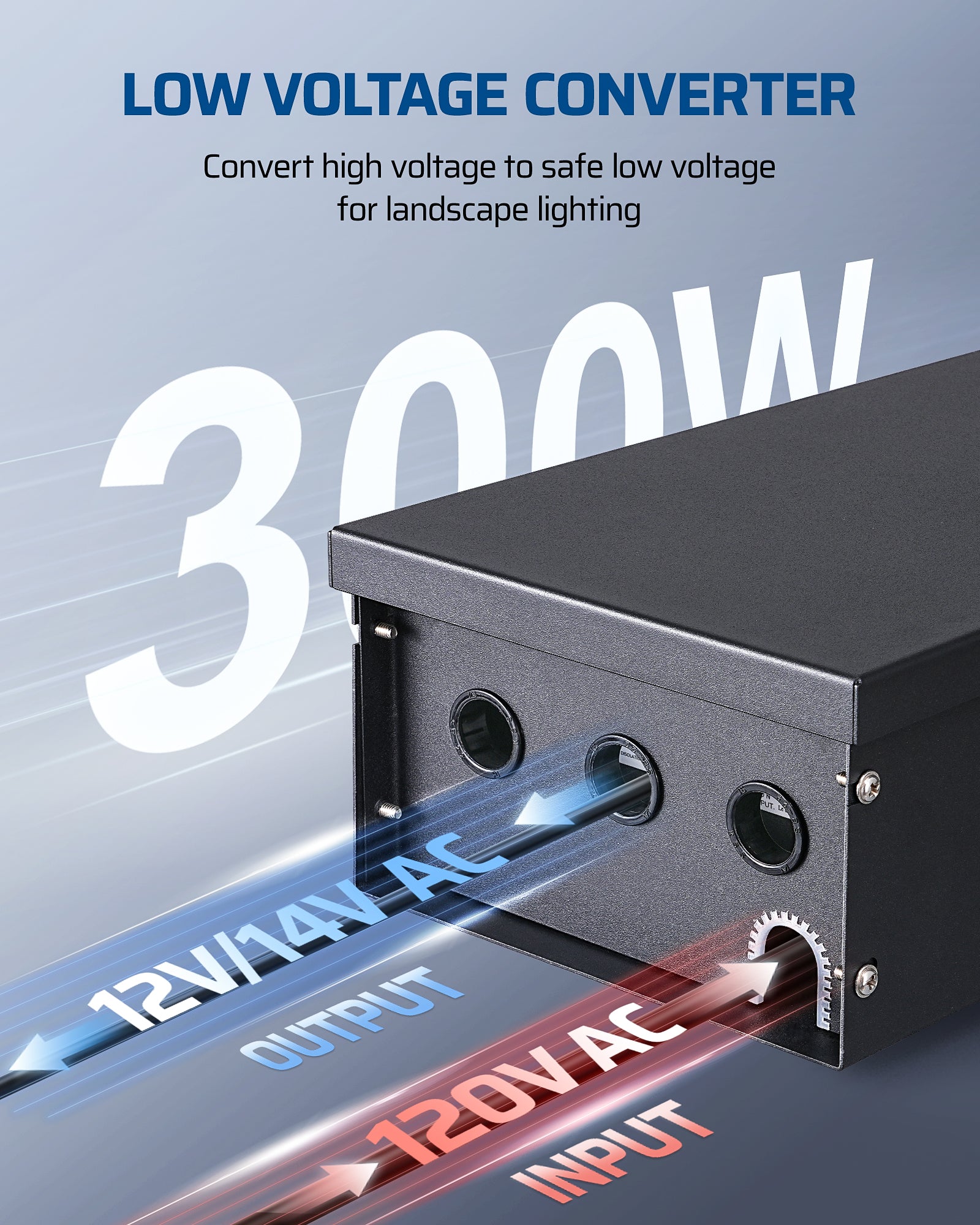 DEWENWILS 300W Low Voltage Transformer converts high voltage to safe 12/14V AC for reliable landscape lighting