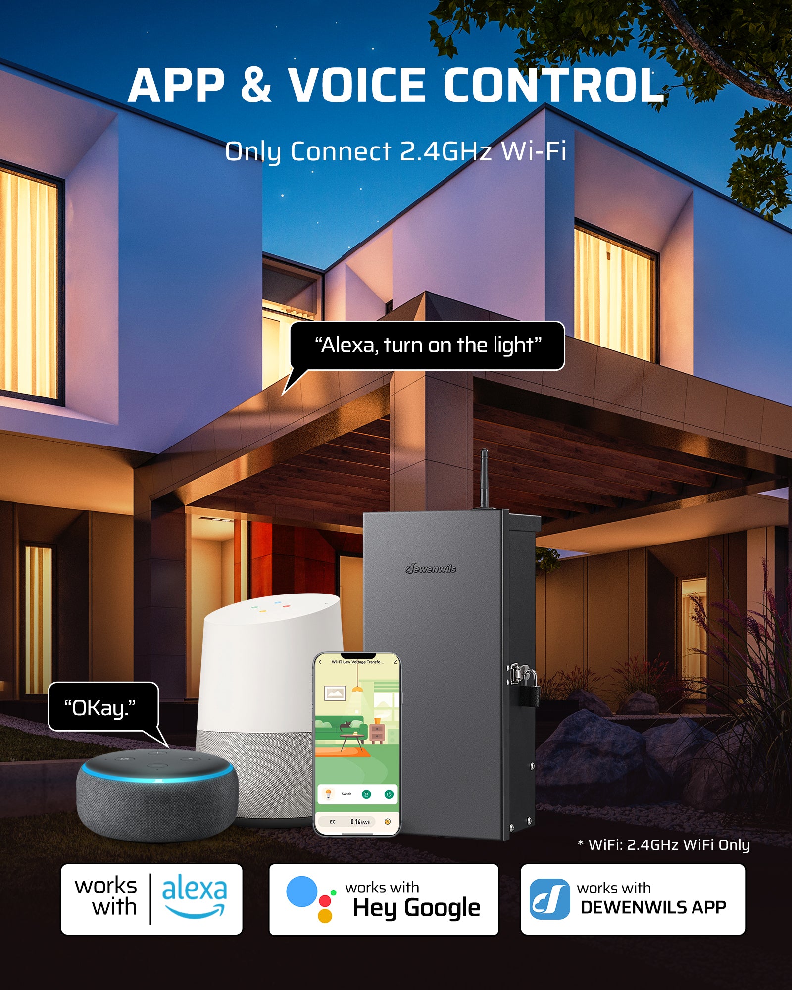 DEWENWILS 300W Low Voltage Transformer with 2.4GHz Wi-Fi supports app and voice control via Alexa, Google Home, and DEWENWILS app