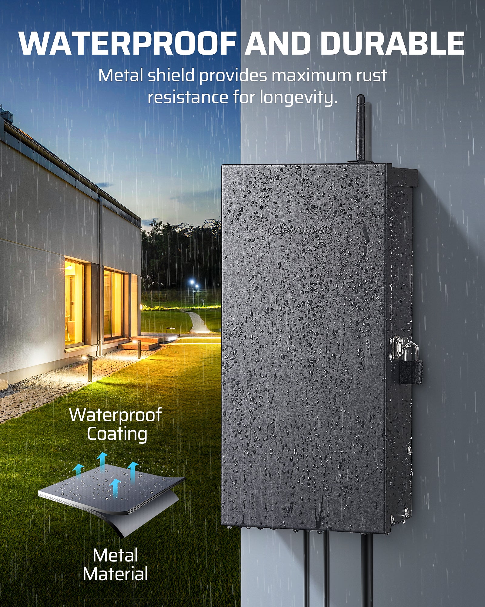 DEWENWILS 300W Low Voltage Transformer with metal shield, rust-resistant coating, and waterproof design for durable outdoor use