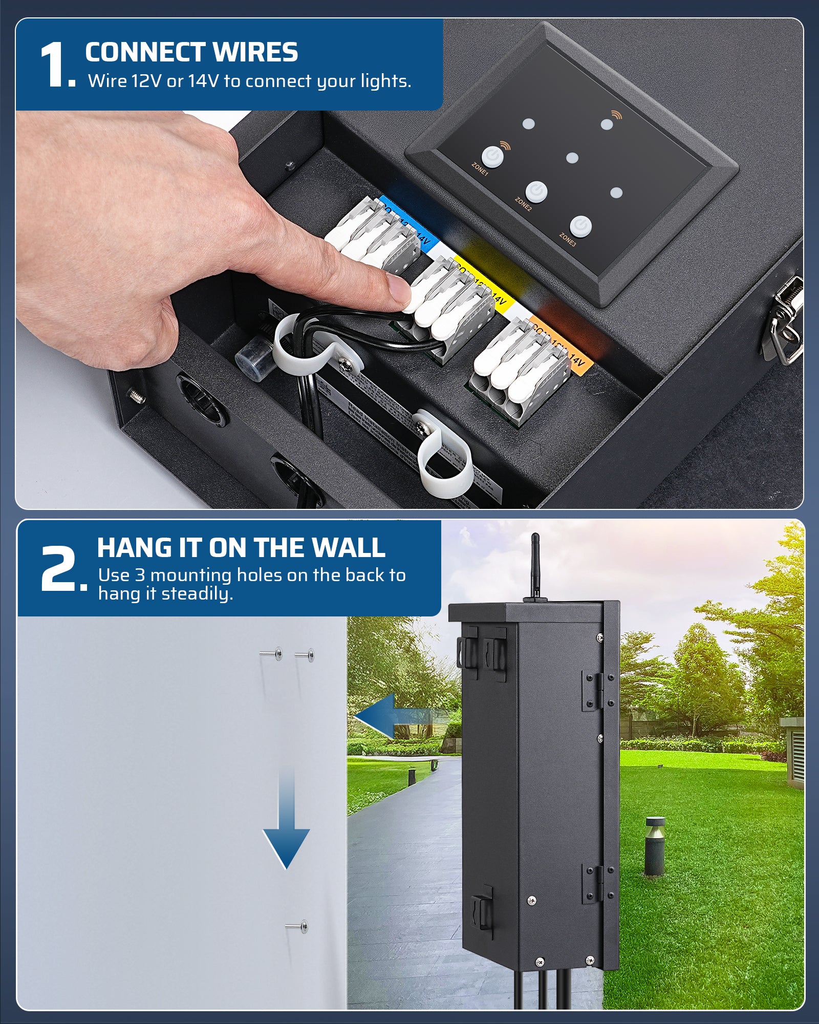 DEWENWILS 300W Low Voltage Transformer easily connects 12/14V wires to lights and mounts on the wall using three secure holes.