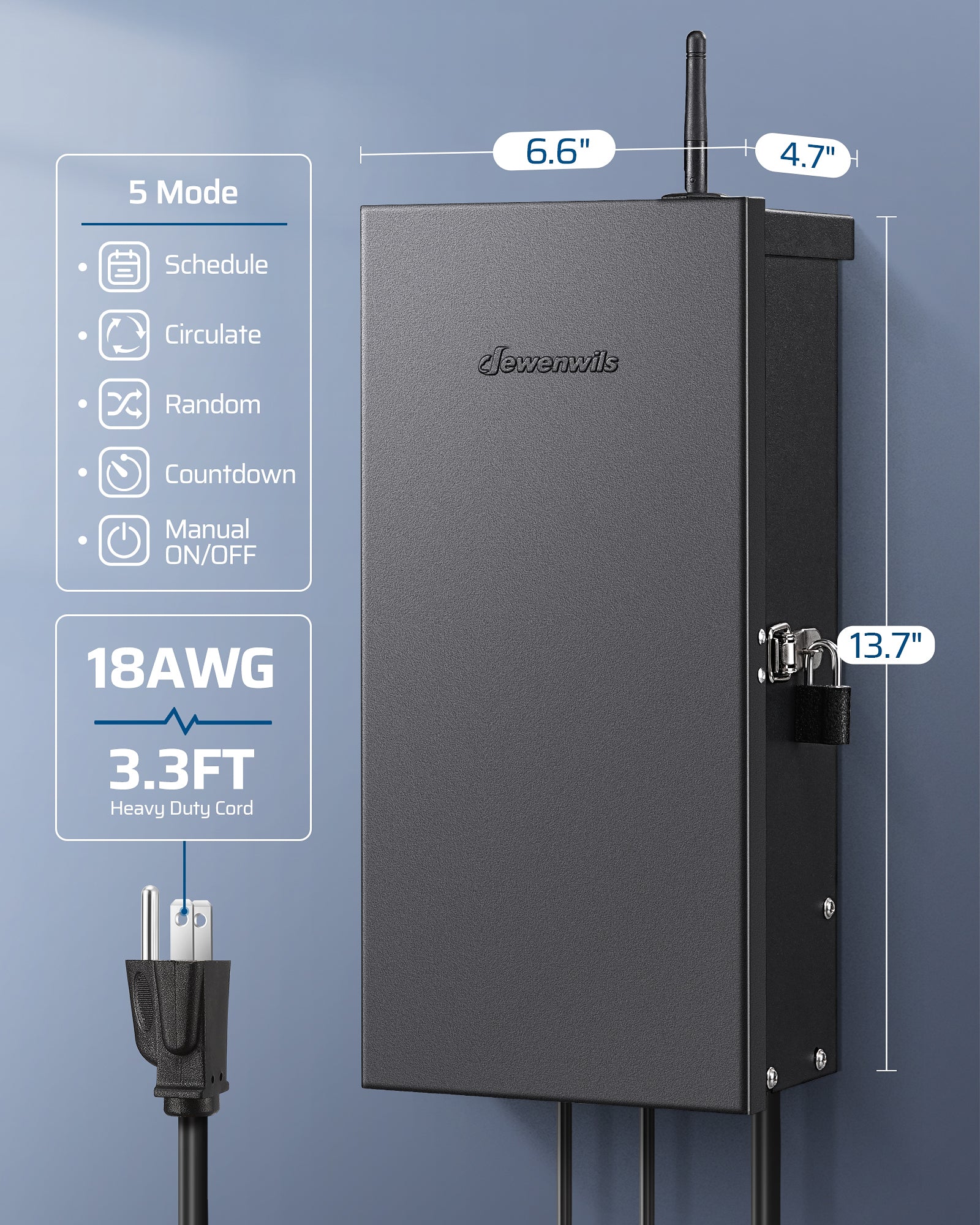 DEWENWILS 300W Low Voltage Transformer with 5 control modes, measures 6.6×4.7×13.7 in, and includes 18 AWG 3.3 ft heavy-duty cord