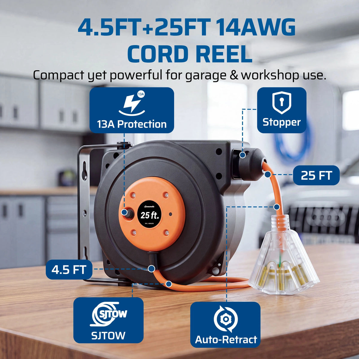 DEWENWILS 25FT Retractable Extension Cord Reel, 3-Outlet,14/3C SJTOW Cable