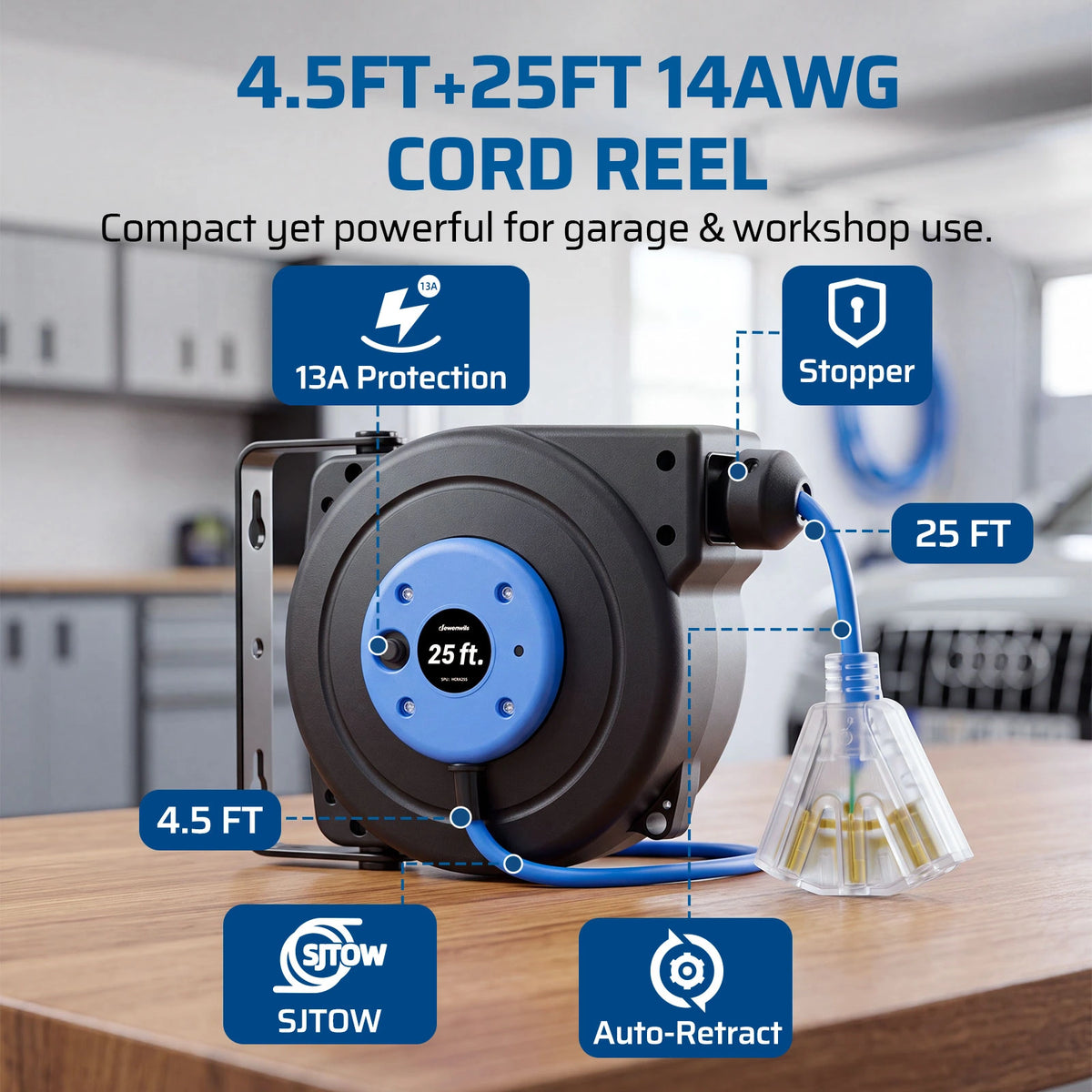 DEWENWILS 25FT Retractable Extension Cord Reel, 3-Outlet,14/3C SJTOW Cable