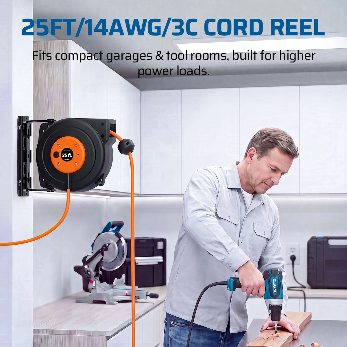 DEWENWILS 25FT Retractable Extension Cord Reel, 3-Outlet,14/3C SJTOW Cable