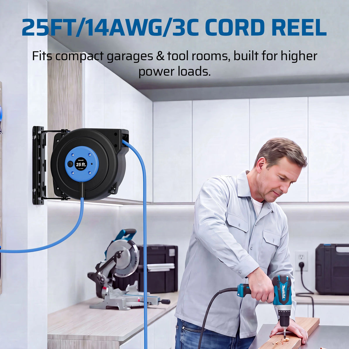 DEWENWILS 25FT Retractable Extension Cord Reel, 3-Outlet,14/3C SJTOW Cable