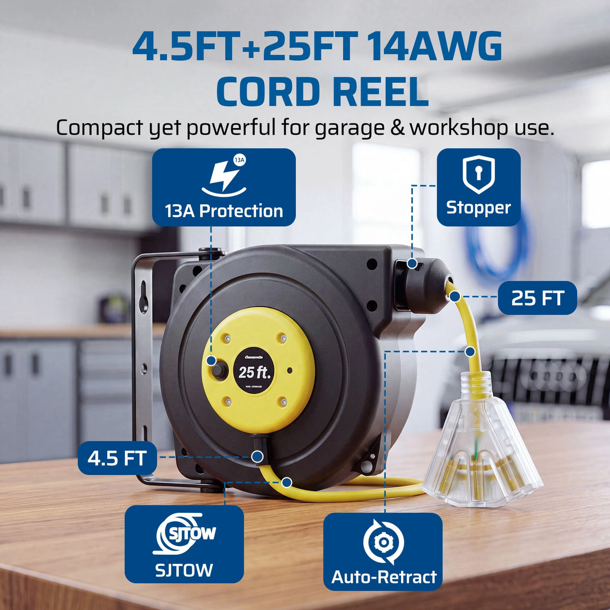 DEWENWILS 25FT Retractable Extension Cord Reel, 3-Outlet,14/3C SJTOW Cable