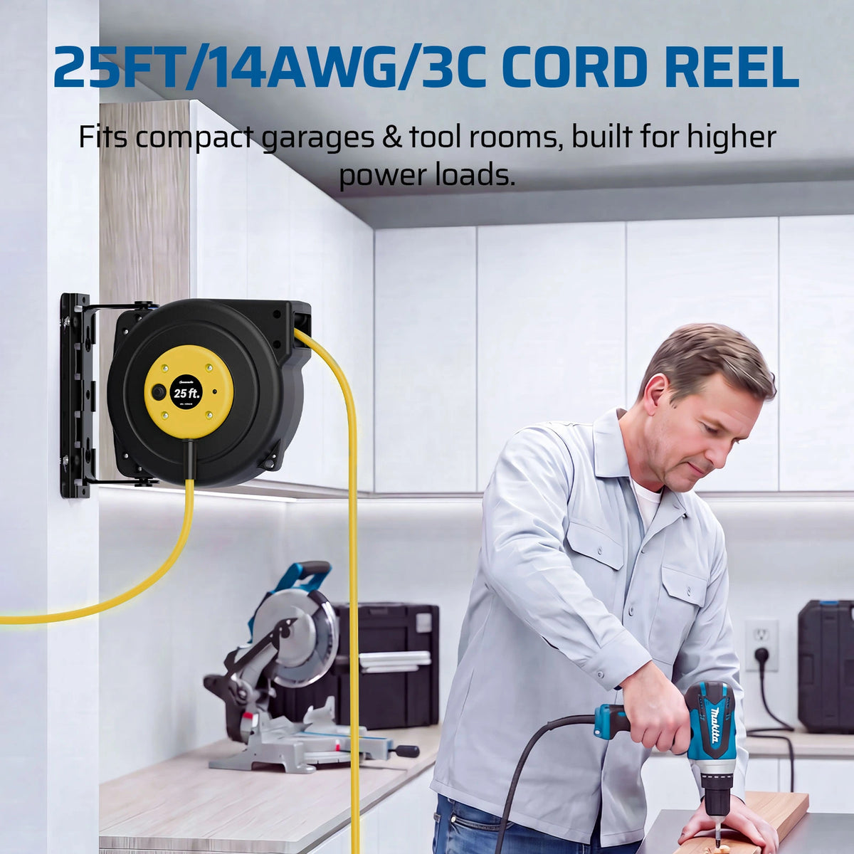 DEWENWILS 25FT Retractable Extension Cord Reel, 3-Outlet,14/3C SJTOW Cable