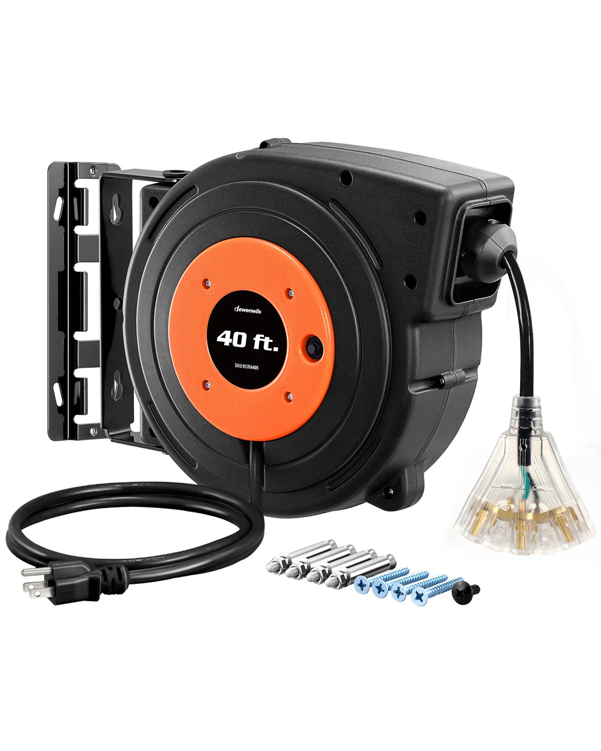 DEWENWILS 40ft Heavy Duty Cord Reel, Retractable Extension Power Cord, 12AWG/3C SJTOW, 3-Lighted Triple Outlets, 15A Circuit Breaker, Wall/Ceiling Mounted, Adjustable Stopper, Blue Black-SHCRA40D