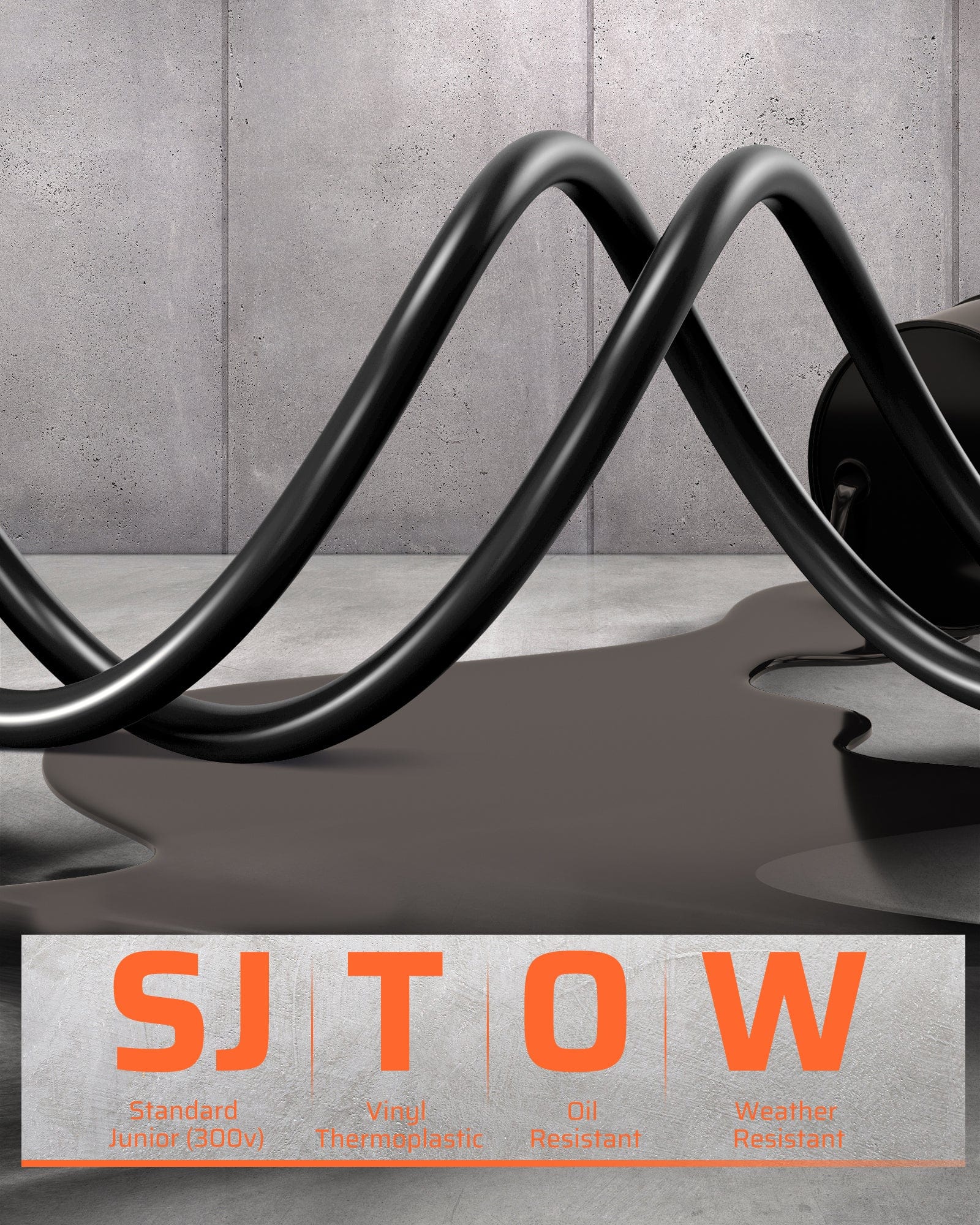 40ft extension cord reel SJTOW, standard 300V, vinyl, thermoplastic, oil- and weather-resistant for durable heavy-duty use.