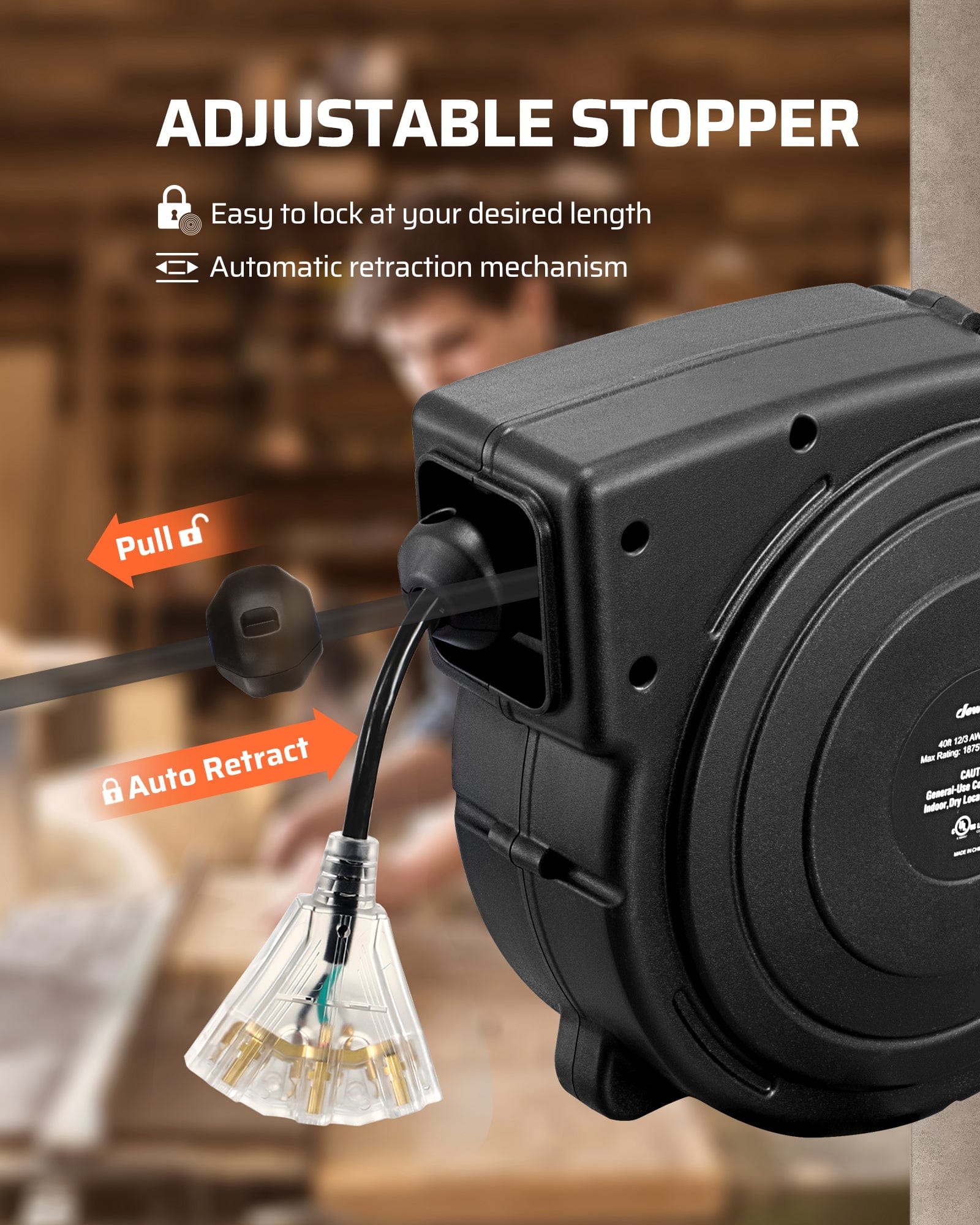 40ft extension cord reel with adjustable stopper, easy length lock, and automatic retraction for smooth, tangle-free operation.