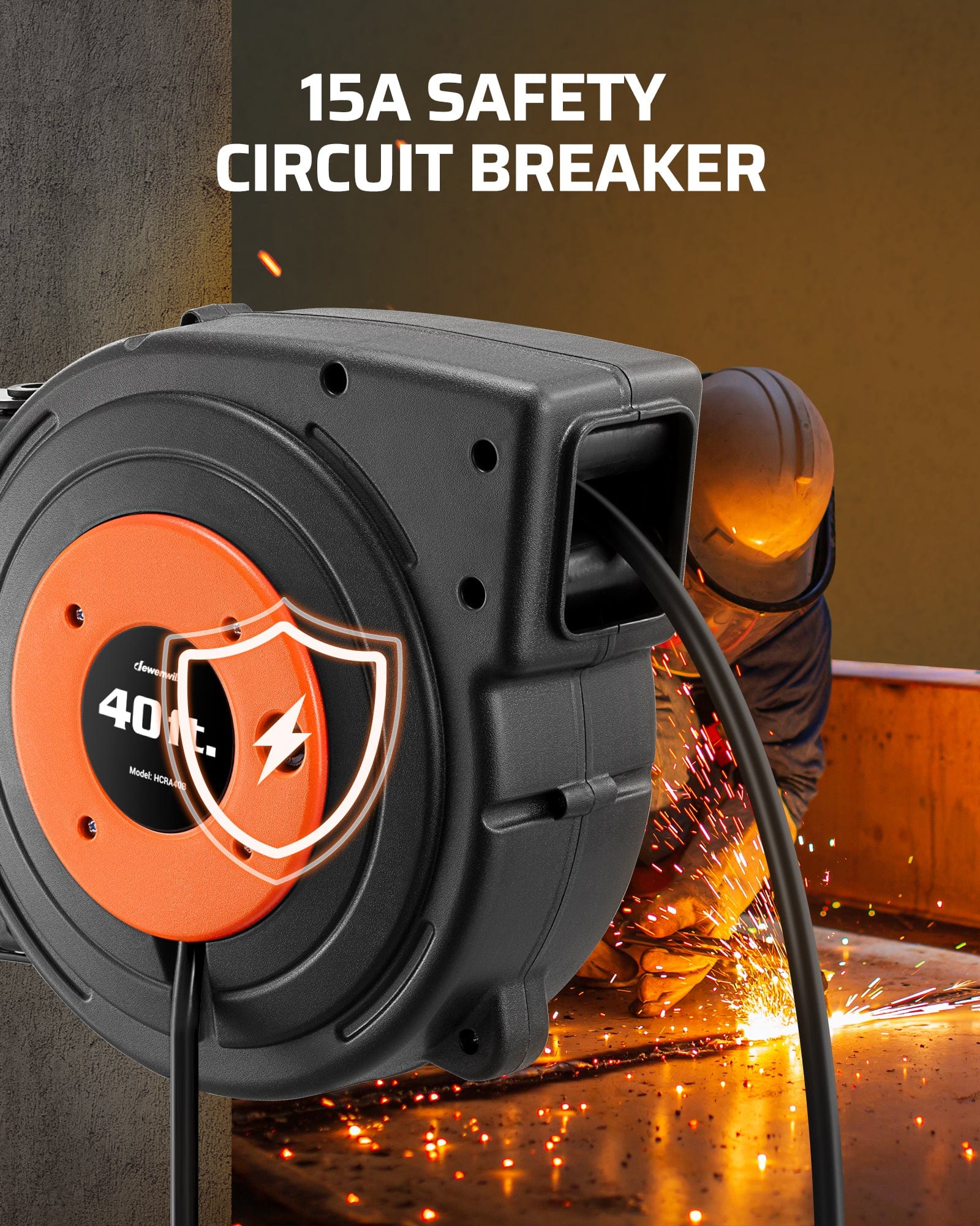 40ft extension cord reel with 15A safety circuit breaker for overload protection and secure operation.