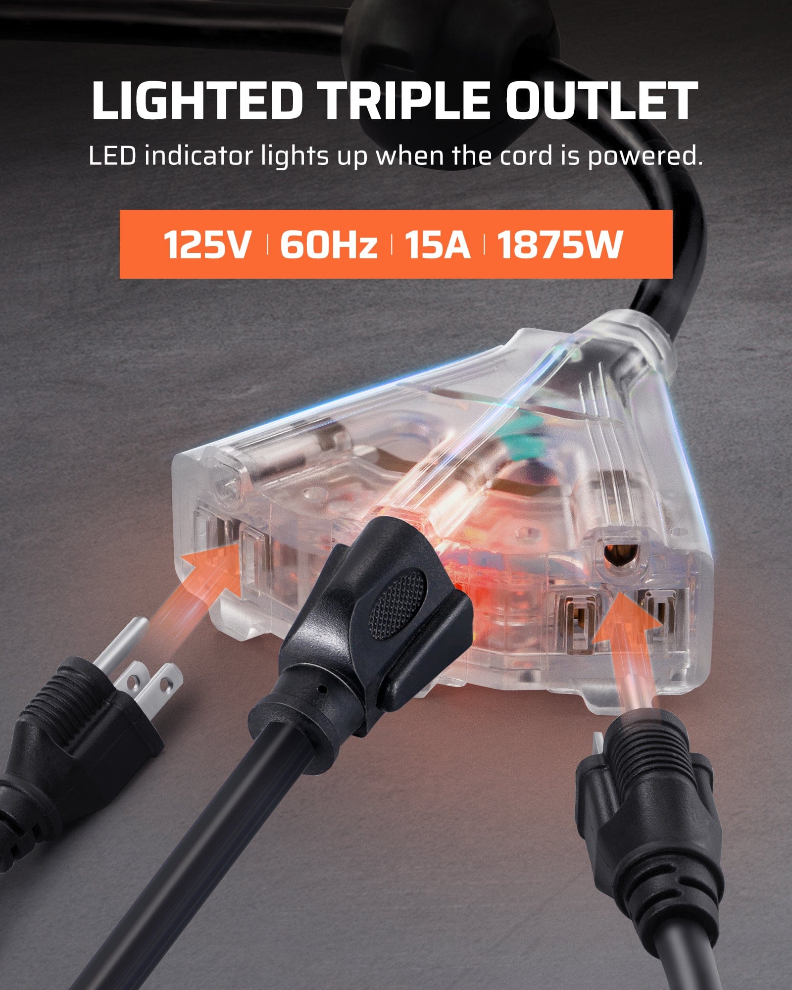 40ft extension cord reel with lighted triple outlets and LED indicator, 125V 60Hz, 15A, 1875W for easy power monitoring.