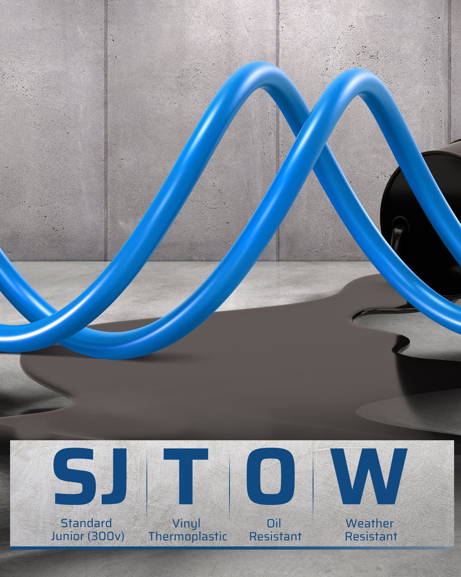 40ft extension cord reel with 12AWG SJTOW cord, vinyl jacket, thermoplastic insulation, oil- and weather-resistant for durable, heavy-duty use.