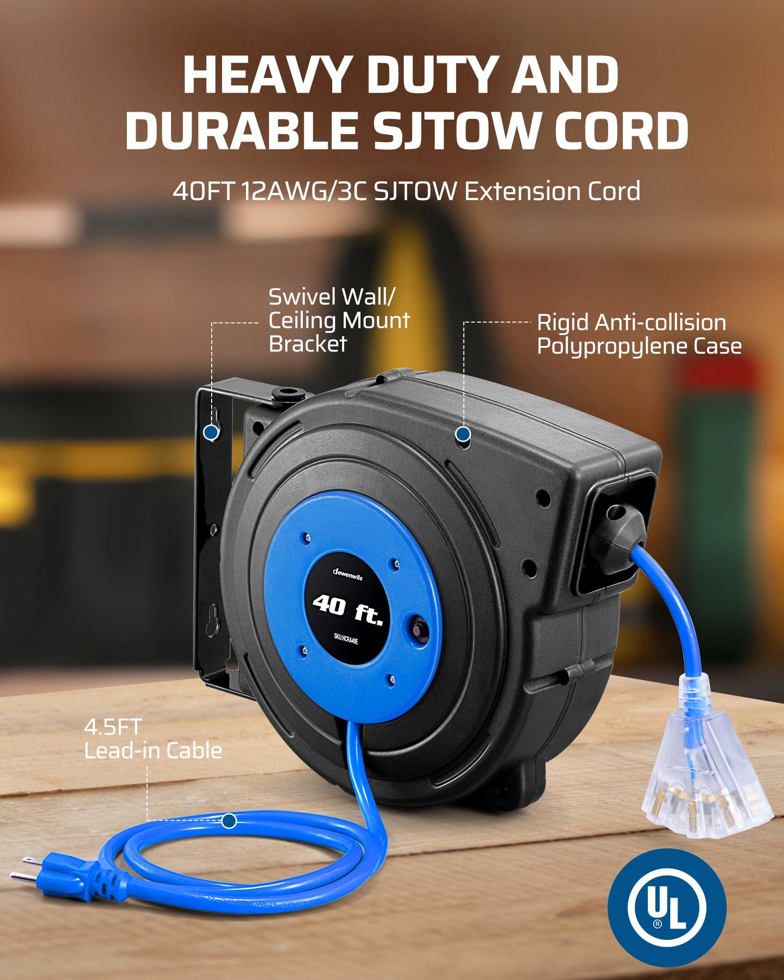 40ft extension cord reel with heavy-duty 12AWG/3C SJTOW cord, swivel wall/ceiling mount, rigid polypropylene case, and 4.5ft lead-in cable.